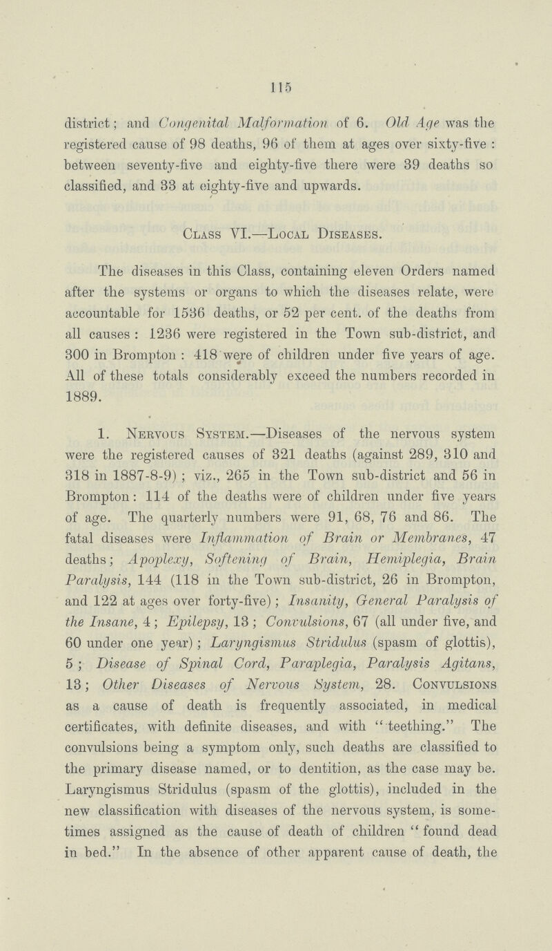 115 district,; and Congenital Malformation of 6. Old Age was the registered cause of 98 deaths, 96 of them at ages over sixty-five: between seventy-five and eighty-five there were 39 deaths so classified, and 33 at eighty-five and upwards. Class VI.—Local Diseases. The diseases in this Glass, containing eleven Orders named after the systems or organs to which the diseases relate, were accountable for 1536 deaths, or 52 per cent. of the deaths from all causes: 1236 were registered in the Town sub-district, and 300 in Brompton: 418 were of children under five years of age. All of these totals considerably exceed the numbers recorded in 1889. 1. Nervous System.—Diseases of the nervous system were the registered causes of 321 deaths (against 289, 310 and 318 in 1887-8-9); viz., 265 in the Town sub-district and 56 in Brompton: 111 of the deaths were of children under five years of age. The quarterly numbers were 91, 68, 76 and 86. The fatal diseases were Inflammation of Brain or Membranes, 47 deaths; Apoplexy, Softening of Brain, Hemiplegia, Brain Paralysis, 144 (118 in the Town sub-district, 26 in Brompton, and 122 at ages over forty-five); Insanity, General Paralysis of the Insane, 4; Epilepsy, 13; Convulsions, 67 (all under five, and 60 under one year); Laryngismus Stridulus (spasm of glottis), 5; Disease of Spinal Cord, Paraplegia, Paralysis Agitans, 13; Other Diseases of Nervous System, 28. Convulsions as a cause of death is frequently associated, in medical certificates, with definite diseases, and with teething. The convulsions being a symptom only, such deaths are classified to the primary disease named, or to dentition, as the case may be. Laryngismus Stridulus (spasm of the glottis), included in the new classification with diseases of the nervous system, is some times assigned as the cause of death of children found dead in bed. In the absence of other apparent cause of death, the