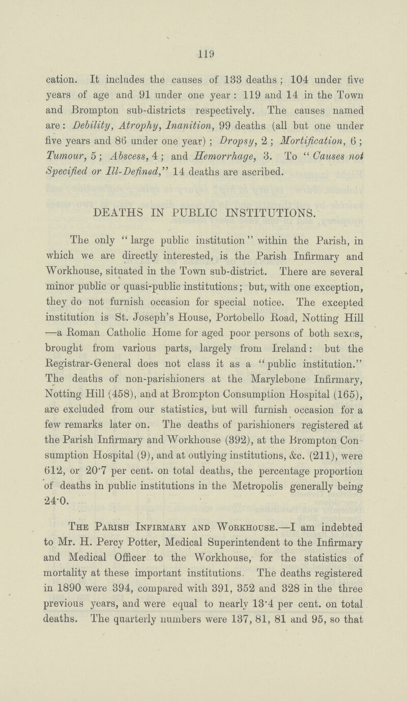 119 cation. It includes the causes of 133 deaths; 104 under live years of age and 91 under one year: 119 and 14 in the Town and Brompton sub-districts respectively. The causes named are: Debility, Atrophy, Inanition, 99 deaths (all but one under five years and 86 under one year); Dropsy, 2; Mortification, 6; Tumour, 5; Abscess, 4; and Hemorrhage, 3. To Causes not Specified or Ill-Defined, 14 deaths are ascribed. DEATHS IN PUBLIC INSTITUTIONS. The only large public institution within the Parish, in which we are directly interested, is the Parish Infirmary and Workhouse, situated in the Town sub-district. There are several minor public or quasi-public institutions; but, with one exception, they do not furnish occasion for special notice. The excepted institution is St. Joseph's House, Portobello Road, Notting Hill —a Roman Catholic Home for aged poor persons of both sexes, brought from various parts, largely from Ireland: but the Registrar-General does not class it as a public institution. The deaths of non-parishioners at the Marylebone Infirmary, Notting Hill (458), and at Brompton Consumption Hospital (165), are excluded from our statistics, but will furnish occasion for a few remarks later on. The deaths of parishioners registered at the Parish Infirmary and Workhouse (392), at the Brompton Con sumption Hospital (9), and at outlying institutions, &c. (211), were 612, or 20'7 per cent. on total deaths, the percentage proportion of deaths in public institutions in the Metropolis generally being 24.0. The Parish Infirmary and Workhouse.—I am indebted to Mr. H. Percy Potter, Medical Superintendent to the Infirmary and Medical Officer to the Workhouse, for the statistics of mortality at these important institutions. The deaths registered in 1890 were 394, compared with 391, 352 and 328 in the three previous years, and were equal to nearly 13.4 per cent. on total deaths. The quarterly numbers were 137, 81, 81 and 95, so that