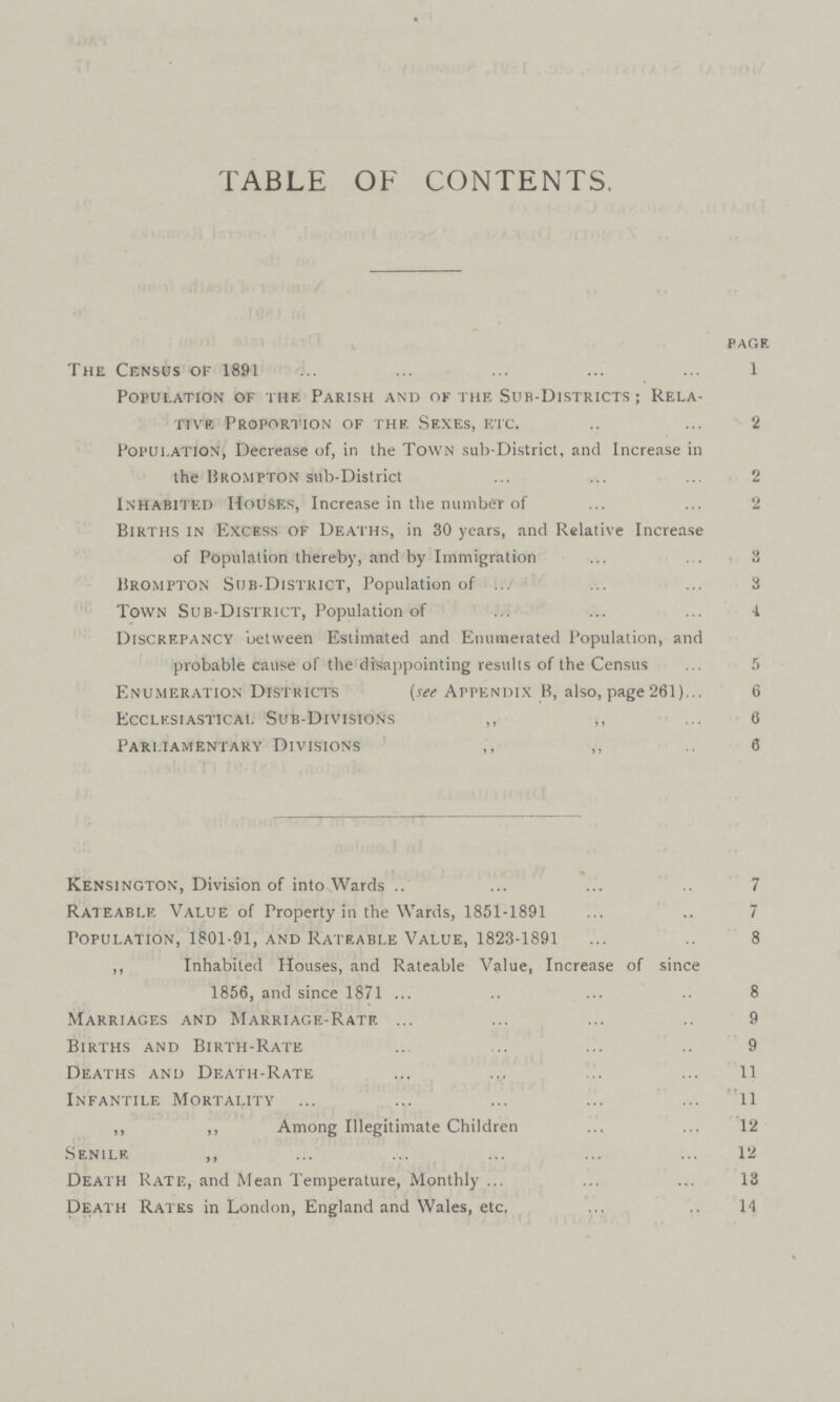 TABLE OF CONTENTS, page The Census of 1891 1 Population of the Parish and of the Sub-Districts ; Rela tive Proportion of the Sexes, etc 2 Population, Decrease of, in the Town sub-District, and Increase in the Brompton sub-District 2 Inhabited Houses, Increase in the number of 2 Births in Excess of Deaths, in 30 years, and Relative Increase of Population thereby, and by Immigration 3 Brompton Sub-District, Population of 3 Town Sub-District, Population of 1 Discrepancy between Estimated and Enumerated Population, and probable cause of the disappointing results of the Census 5 Enumeration Districts (see Appendix B, also, page261) 6 Ecclesiastical Sub-Divisions 6 ,, ,, 6 Parliamentary Divisions ,, ,, 6 Kensington, Division of into Wards 7 Rateable Value of Property in the Wards, 1851-1891 7 Population, 1801-91, and Rateable Value, 1823-1891 8 ,, Inhabited Houses, and Rateable Value, Increase of since 1856, and since 1871 8 Marriages and Marriage-Rate 9 Births and Birth-Rate 9 Deaths and Death-Rate 11 Infantile Mortality 11 ,, ,, Among Illegitimate Children 12 Senile ,, 12 Death Rate, and Mean Temperature, Monthly 13 Death Rates in London, England and Wales, etc. 14