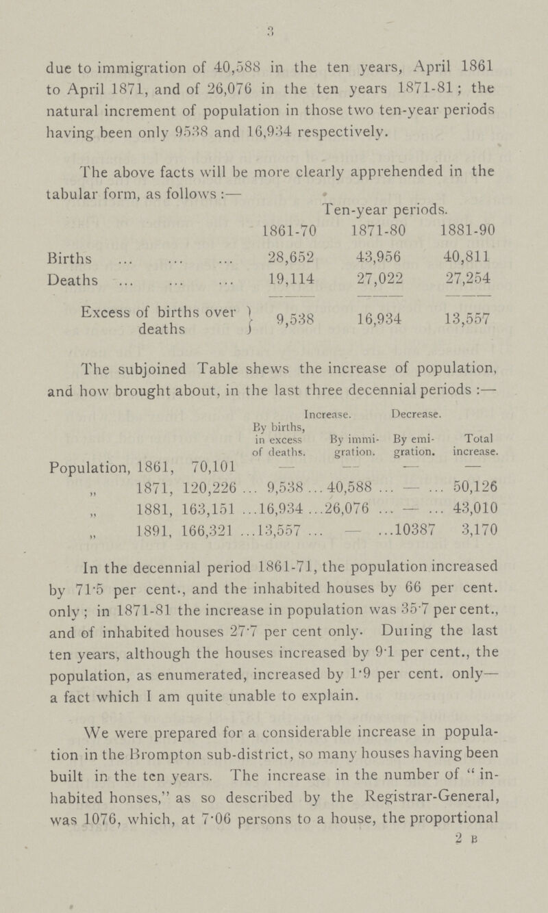 3 due to immigration of 40,588 in the ten years, April 1861 to April 1871, and of 26,076 in the ten years 1871-81; the natural increment of population in those two ten-year periods having been only 9538 and 16,934 respectively. The above facts will be more clearly apprehended in the tabular form, as follows:- Ten- year periods. 1861-70 1871-80 1881-90 Births 28,652 43,956 40,811 Deaths 19,114 27,022 27,254 Excess of births over deaths 9,538 16,934 13,557 The subjoined Table shews the increase of population, and how brought about, in the last three decennial periods:- Increase. Decrease. By births, in excess of deaths. By immi gration. By emi gration. Total increase. Population, 1861, 70,101 - - - - 1871, 120,226 9,538 40,588 - 50,126 1881, 163,151 16,934 26,076 - 43,010 1891, 166,321 13,557 - 10387 3,170 In the decennial period 1861-71, the population increased by 71. per cent-, and the inhabited houses by 66 per cent. only; in 1871-81 the increase in population was 357 percent., and of inhabited houses 27. per cent only.Durig the last ten years, although the houses increased by 9. per cent., the population, as enumerated, increased by 1. per cent.only— a fact which I am quite unable to explain. We were prepared for a considerable increase in popula tion in the Brompton sub-district, so man) houses having been built in the ten years. The increase in the number of in habited houes as so described by the Registrar-General, was 1076, which, at 7.6 persons to a house, the proportional 2 B