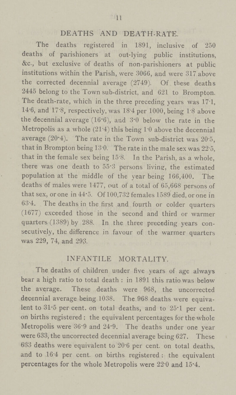 11 DEATHS AND DEATH-RATE. The deaths registered in 1891, inclusive of 250 deaths of parishioners at out-lying public institutions, &c., but exclusive of deaths of non-parishioners at public institutions within the Parish, were 3066, and were 317 above the corrected decennial average (2749). Of these deaths 2445 belong to the Town sub-district, and 621 to Brompton. The death-rate, which in the three preceding years was 17.1, 14 6, and 17.8, respectively, was 18.4per 1000, being 1.8 above the decennial average (16.6), and 3.0 below the rate in the Metropolis as a whole (2T4) this being 1.0 above the decennial average (20.4). The rate in the Town sub-district was 20 5, that in Brompton being 13 0. The rate in the male sex was 22.5, that in the female sex being 15.8. In the Parish, as a whole, there was one deatlh to 55.3 persons living:, the estimated population at the middle of the year being 166,400. The deaths of males were 1477, out of a total of 65,668 persons of that sex, or one in 44.5. Of 100,732 females 1589 died, or one in 634. The deaths in the first and fourth or colder quarters (1677) exceeded those in the second and third or warmer quarters (1389) by 288. In the three preceding years con secutively, the difference in favour of the warmer quarters was 229, 74, and 293. INFANTILE MORTALITY. The deaths of children under five years of age always bear a high ratio to total death: in 1891 this ratio was below the average. These deaths were 968, the uncorrected decennial average being 1038. The 968 deaths were equiva lent to 31.5 per cent. on total deaths, and to 25.1 per cent. on births registered; the equivalent percentages for the whole Metropolis were 36.9 and 24.9. The deaths under one year were 633, the uncorrected decennial average being 627. These 633 deaths were equivalent to 20 6 per cent. on total deaths, and to 164 per cent. on births registered: the equivalent percentages for the whole Metropolis were 22.0 and 15.4.