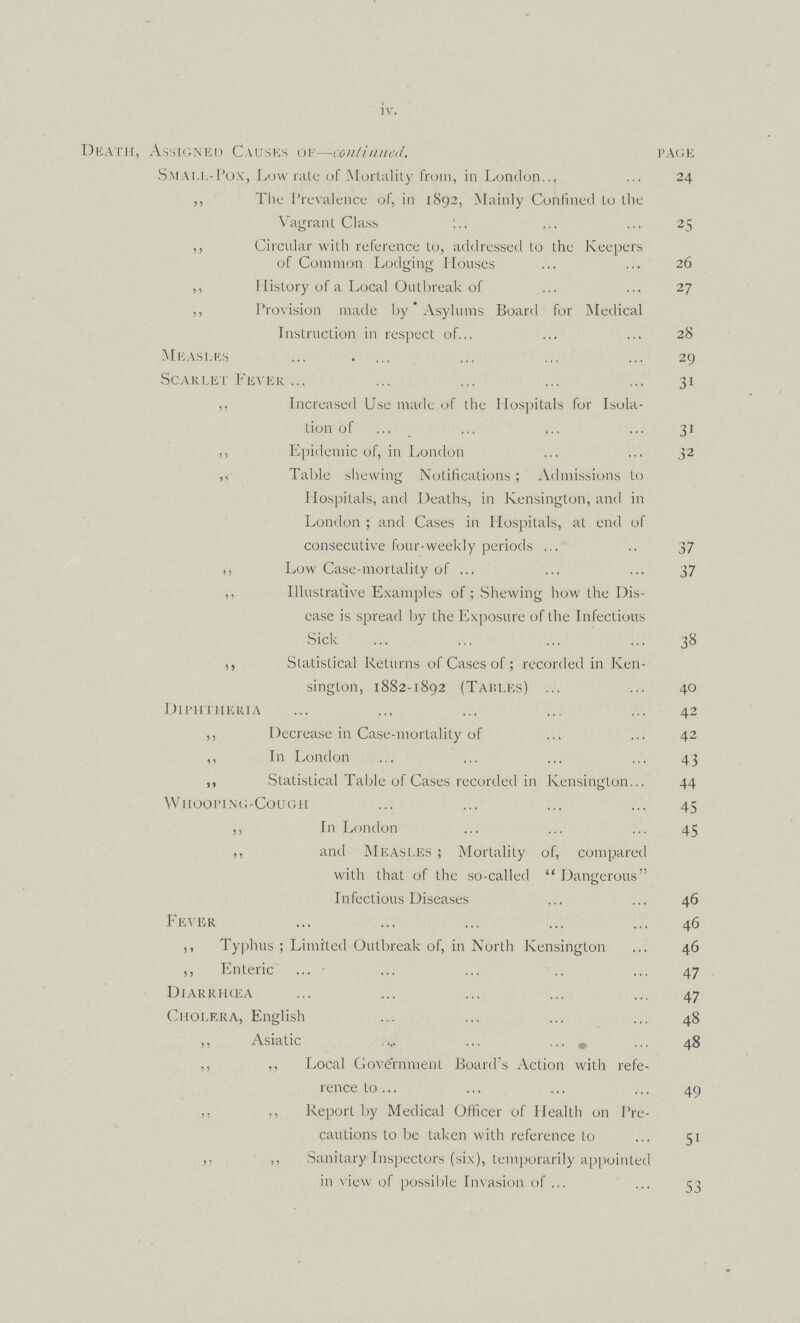 IV Death, Assigned Causes of—continued. page Small-Pox, Low rate of Mortality from, in London 24 ,, The Prevalence of, in 1892, Mainly Confined to the Vagrant Class 25 ,, Circular with reference to, addressed to the Keepers of Common Lodging Houses 26 ,, History of a Local Outbreak of 27 ,, Provision made by Asylums Board for Medical Instruction in respect of 28 Measles 29 Scarlet Fever 31 Increased Use made of the Hospitals for Isola tion of 31 ,, Epidemic of, in London 32 ,, Table shewing Notifications; Admissions to Hospitals, and Deaths, in Kensington, and in London; and Cases in Hospitals, at end of consecutive four-weekly periods 37 ,, Low Case-mortality of 37 ,, Illustrative Examples of; Shewing how the Dis ease is spread by the Exposure of the Infectious Sick 38 ,, Statistical Returns of Cases of; recorded in Ken sington, 1882-1892 (Tables) 40 Diphtheria 42 ,, Decrease in Case-mortality of 42 ,, In London 43 ,, Statistical Table of Cases recorded in Kensington 44 Whooping-Cough 45 ,, In London 45 ,, and Measles; Mortality of, compared with that of the so-called Dangerous Infectious Diseases 46 Fever 46 ,, Typhus ; Limited Outbreak of, in North Kensington 46 ,, Enteric 47 Diarrhoea 47 Cholera, English 48 ,, Asiatic 48 ,, ,, Local Government Board's Action with refe rence to 49 ,, Report by Medical Officer of Health on Pre cautions to be taken with reference to 51 ,, ,, Sanitary Inspectors (six), temporarily appointed in view of possible Invasion of 53