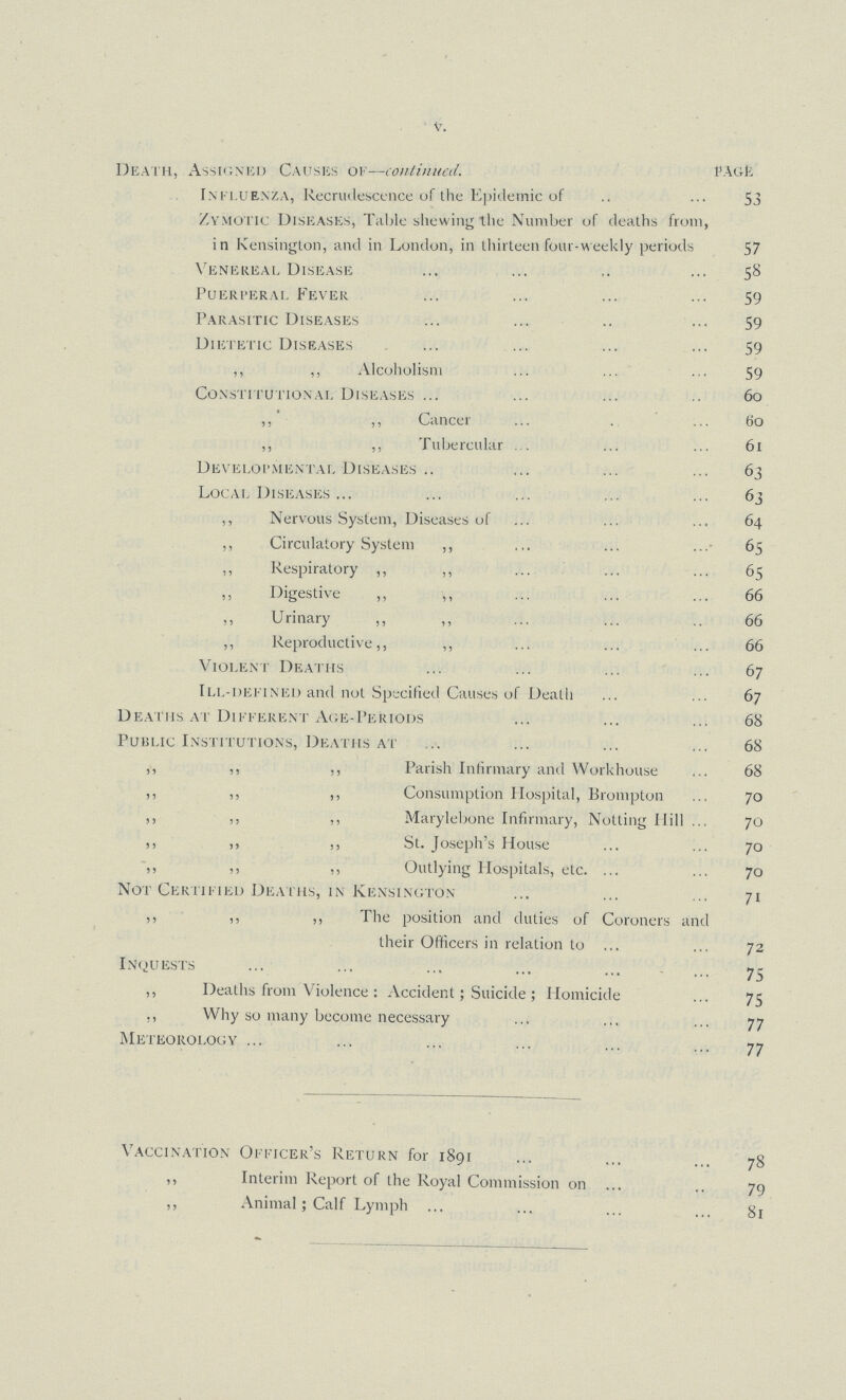 V. Death, Assigned Causes of— continued page Influenza, Recrudescence of the Epidemic of 53 Zymotic Diseases, Table shewing the Number of deaths from, in Kensington, and in London, in thirteen four-weekly periods 57 Venereal Disease 58 Puerperal Fever 59 Parasitic Diseases 59 Dietetic Diseases 59 ,, ,, Alcoholism 59 Constitutional Diseases 6o ,, ,, Cancer 60 ,, ,, Tubercular 61 Developmental Diseases 63 Local Diseases 63 ,, Nervous System, Diseases of 64 ,, Circulatory System ,, 65 ,, Respiratory ,, ,, 65 ,, Digestive ,, ,, 66 ,, Urinary ,, ,, 66 ,, Reproductive,, ,, 66 Violent Deaths 67 Ill-defined and not Specified Causes of Death 67 Deaths at Different Age-Periods 68 Public Institutions, Deaths at 68 ,, ,, ,, Parish Infirmary and Workhouse 68 ,, ,, ,, Consumption Hospital, Brompton 70 ,, ,, ,, Marylebone Infirmary, Notting Hill 70 „ ,, ,, St. Joseph's House 70 ,, ,, ,, Outlying Hospitals, etc. 70 Not Certified Deaths, in Kensington 71 ,, ,, ,, The position and duties of Coroners and their Officers in relation to 72 Inquests 75 ,, Deaths from Violence: Accident; Suicide ; Homicide 75 ,, Why so many become necessary 77 Meteorology 77 Vaccination Officer's Return for 1891 78 ,, Interim Report of the Royal Commission on 79 ,, Animal; Calf Lymph 81
