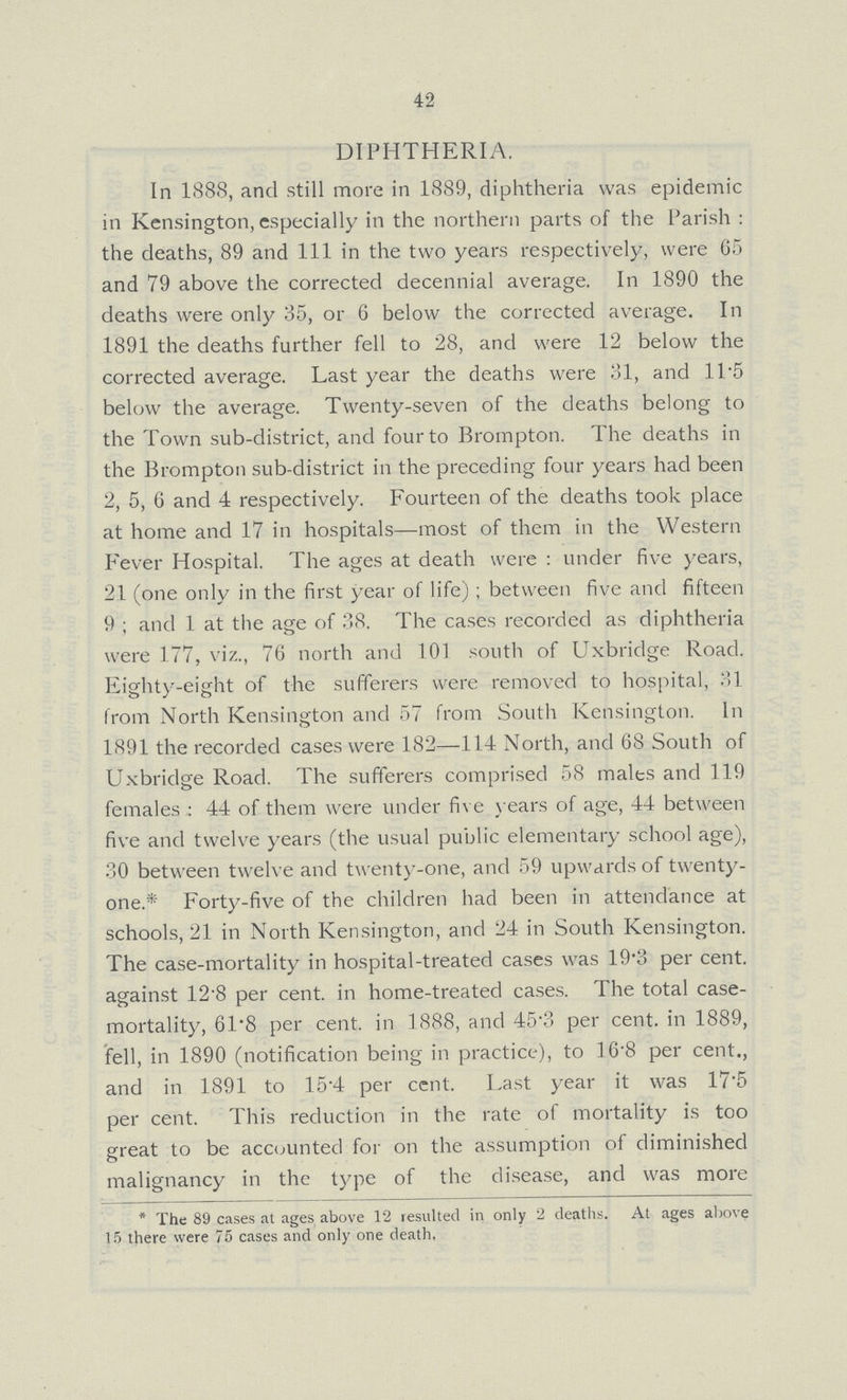 42 DIPHTHERIA. In 1888, and still more in 1889, diphtheria was epidemic in Kensington, especially in the northern parts of the Parish: the deaths, 89 and 111 in the two years respectively, were 65 and 79 above the corrected decennial average. In 1890 the deaths were only 35, or 6 below the corrected average. In 1891 the deaths further fell to 28, and were 12 below the corrected average. Last year the deaths were 31, and 11.5 below the average. Twenty-seven of the deaths belong to the Town sub-district, and four to Brompton. The deaths in the Brompton sub-district in the preceding four years had been 2, 5, 6 and 4 respectively. Fourteen of the deaths took place at home and 17 in hospitals—most of them in the Western Fever Hospital. The ages at death were: under five years, 21 (one only in the first year of life); between five and fifteen 9; and 1 at the age of 38. The cases recorded as diphtheria were 177, viz., 76 north and 101 south of Uxbridge Road. Eighty-eight of the sufferers were removed to hospital, 31 from North Kensington and 57 from South Kensington. In 1891 the recorded cases were 182—114 North, and 68 South of Uxbridge Road. The sufferers comprised 58 males and 119 females 4 44 of them were under five years of age, 44 between five and twelve years (the usual public elementary school age), 30 between twelve and twenty-one, and 59 upwards of twenty one.* Forty-five of the children had been in attendance at schools, 21 in North Kensington, and 24 in South Kensington. The case-mortality in hospital-treated cases was 19.3 per cent. against 12.8 per cent. in home-treated cases. The total case mortality, 61.8 per cent. in 1888, and 45.3 per cent. in 1889, fell, in 1890 (notification being in practice), to 16.8 per cent., and in 1891 to 15.4 per cent. Last year it was 17.5 per cent. This reduction in the rate of mortality is too great to be accounted for on the assumption of diminished malignancy in the type of the disease, and was more * The 89 cases at ages above 12 resulted in only 2 deaths. At ages above 15 there were 75 cases and only one death,