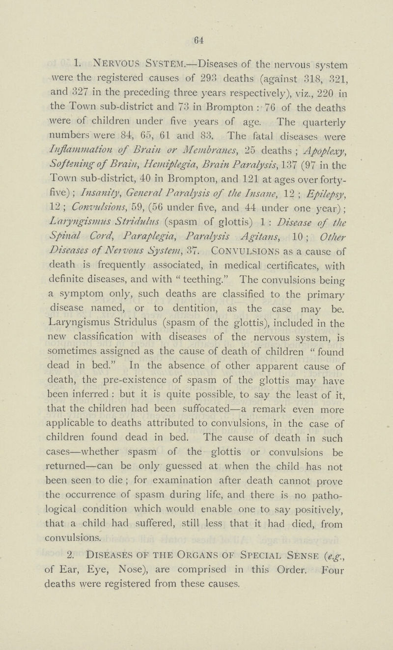 64 1. Nervous System.—Diseases of the nervous system were the registered causes of 293 deaths (against 318, 321, and 327 in the preceding three years respectively), viz., 220 in the Town sub-district and 73 in Brompton: 76 of the deaths were of children under five years of age. The quarterly numbers were 84, 65, 61 and 83. The fatal diseases were Inflammation of Brain or Membranes, 25 deaths; Apoplexy, Softening of Brain, Hemiplegia, Brain Paralysis, 137 (97 in the Town sub-district, 40 in Brompton, and 121 at ages over forty five); Insanity, General Paralysis of the Insane, 12; Epilepsy, 12; Convulsions, 59, (56 under five, and 44 under one year); Laryngismus Stridulus (spasm of glottis) 1: Disease of the Spinal Cord, Paraplegia, Paralysis Agitans, 10; Other Diseases of Nervous System, 37. convulsions as a cause of death is frequently associated, in medical certificates, with definite diseases, and with teething. The convulsions being a symptom only, such deaths are classified to the primary disease named, or to dentition, as the case may be. Laryngismus Stridulus (spasm of the glottis), included in the new classification with diseases of the nervous system, is sometimes assigned as the cause of death of children found dead in bed. In the absence of other apparent cause of death, the pre-existence of spasm of the glottis may have been inferred: but it is quite possible, to say the least of it, that the children had been suffocated—a remark even more applicable to deaths attributed to convulsions, in the case of children found dead in bed. The cause of death in such cases—whether spasm of the glottis or convulsions be returned—can be only guessed at when the child has not been seen to die; for examination after death cannot prove the occurrence of spasm during life, and there is no patho logical condition which would enable one to say positively, that a child had suffered, still less that it had died, from convulsions. 2. Diseases of the Organs of Special Sense (e.g., of Ear, Eye, Nose), are comprised in this Order. Four deaths were registered from these causes.