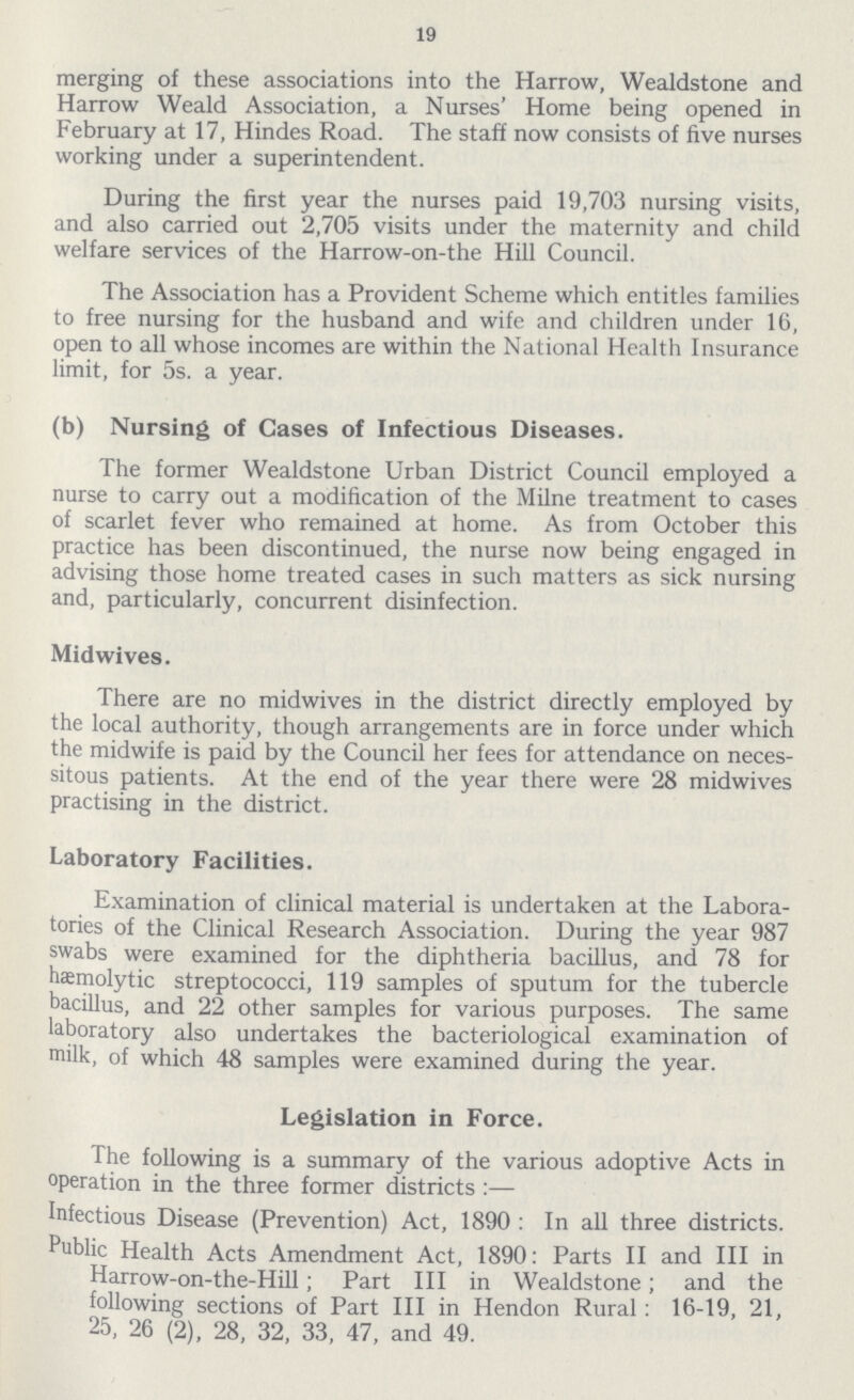 19 merging of these associations into the Harrow, Wealdstone and Harrow Weald Association, a Nurses' Home being opened in February at 17, Hindes Road. The staff now consists of five nurses working under a superintendent. During the first year the nurses paid 19,703 nursing visits, and also carried out 2,705 visits under the maternity and child welfare services of the Harrow-on-the Hill Council. The Association has a Provident Scheme which entitles families to free nursing for the husband and wife and children under 16, open to all whose incomes are within the National Health Insurance limit, for 5s. a year. (b) Nursing of Cases of Infectious Diseases. The former Wealdstone Urban District Council employed a nurse to carry out a modification of the Milne treatment to cases of scarlet fever who remained at home. As from October this practice has been discontinued, the nurse now being engaged in advising those home treated cases in such matters as sick nursing and, particularly, concurrent disinfection. Midwives. There are no midwives in the district directly employed by the local authority, though arrangements are in force under which the midwife is paid by the Council her fees for attendance on neces sitous patients. At the end of the year there were 28 midwives practising in the district. Laboratory Facilities. Examination of clinical material is undertaken at the Labora tories of the Clinical Research Association. During the year 987 swabs were examined for the diphtheria bacillus, and 78 for hæmolytic streptococci, 119 samples of sputum for the tubercle bacillus, and 22 other samples for various purposes. The same laboratory also undertakes the bacteriological examination of milk, of which 48 samples were examined during the year. Legislation in Force. The following is a summary of the various adoptive Acts in operation in the three former districts:— Infectious Disease (Prevention) Act, 1890: In all three districts. Public Health Acts Amendment Act, 1890: Parts II and III in Harrow-on-the-Hill; Part III in Wealdstone; and the following sections of Part III in Hendon Rural: 16-19, 21, 25, 26 (2), 28, 32, 33, 47, and 49.