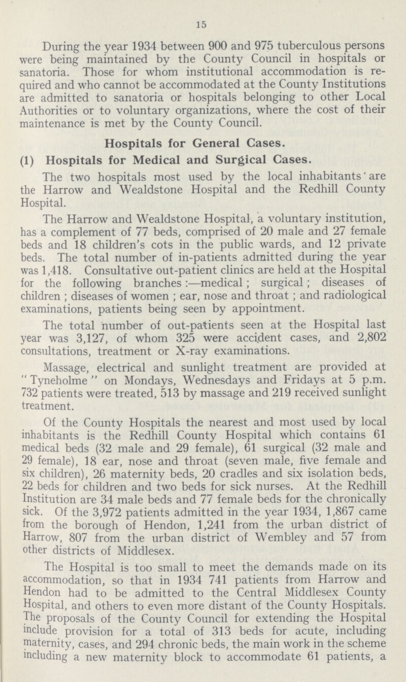 15 During the year 1934 between 900 and 975 tuberculous persons were being maintained by the County Council in hospitals or sanatoria. Those for whom institutional accommodation is re quired and who cannot be accommodated at the County Institutions are admitted to sanatoria or hospitals belonging to other Local Authorities or to voluntary organizations, where the cost of their maintenance is met by the County Council. Hospitals for General Cases. (1) Hospitals for Medical and Surgical Cases. The two hospitals most used by the local inhabitants are the Harrow and Wealdstone Hospital and the Redhill County Hospital. The Harrow and Wealdstone Hospital, a voluntary institution, has a complement of 77 beds, comprised of 20 male and 27 female beds and 18 children's cots in the public wards, and 12 private beds. The total number of in-patients admitted during the year was 1,418. Consultative out-patient clinics are held at the Hospital for the following branches:—medical; surgical; diseases of children; diseases of women; ear, nose and throat; and radiological examinations, patients being seen by appointment. The total number of out-patients seen at the Hospital last year was 3,127, of whom 325 were accident cases, and 2,802 consultations, treatment or X-ray examinations. Massage, electrical and sunlight treatment are provided at Tyneholme on Mondays, Wednesdays and Fridays at 5 p.m. 732 patients were treated, 513 by massage and 219 received sunlight treatment. Of the County Hospitals the nearest and most used by local inhabitants is the Redhill County Hospital which contains 61 medical beds (32 male and 29 female), 61 surgical (32 male and 29 female), 18 ear, nose and throat (seven male, five female and six children), 26 maternity beds, 20 cradles and six isolation beds, 22 beds for children and two beds for sick nurses. At the Redhill Institution are 34 male beds and 77 female beds for the chronically sick. Of the 3,972 patients admitted in the year 1934, 1,867 came from the borough of Hendon, 1,241 from the urban district of Harrow, 807 from the urban district of Wembley and 57 from other districts of Middlesex. The Hospital is too small to meet the demands made on its accommodation, so that in 1934 741 patients from Harrow and Hendon had to be admitted to the Central Middlesex County Hospital, and others to even more distant of the County Hospitals. The proposals of the County Council for extending the Hospital include provision for a total of 313 beds for acute, including maternity, cases, and 294 chronic beds, the main work in the scheme including a new maternity block to accommodate 61 patients, a