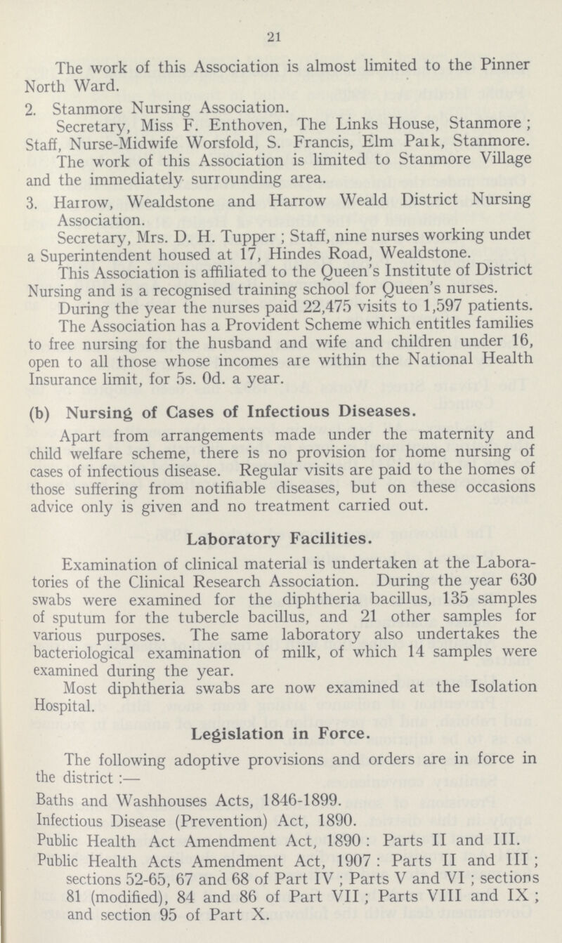 21 The work of this Association is almost limited to the Pinner North Ward. 2. Stanmore Nursing Association. Secretary, Miss F. Enthoven, The Links House, Stanmore; Staff, Nurse-Midwife Worsfold, S. Francis, Elm Park, Stanmore. The work of this Association is limited to Stanmore Village and the immediately surrounding area. 3. Harrow, Wealdstone and Harrow Weald District Nursing Association. Secretary, Mrs. D. H. Tupper; Staff, nine nurses working under a Superintendent housed at 17, Hindes Road, Wealdstone. This Association is affiliated to the Queen's Institute of District Nursing and is a recognised training school for Queen's nurses. During the year the nurses paid 22,475 visits to 1,597 patients. The Association has a Provident Scheme which entitles families to free nursing for the husband and wife and children under 16, open to all those whose incomes are within the National Health Insurance limit, for 5s. 0d. a year. (b) Nursing of Cases of Infectious Diseases. Apart from arrangements made under the maternity and child welfare scheme, there is no provision for home nursing of cases of infectious disease. Regular visits are paid to the homes of those suffering from notifiable diseases, but on these occasions advice only is given and no treatment carried out. Laboratory Facilities. Examination of clinical material is undertaken at the Labora tories of the Clinical Research Association. During the year 630 swabs were examined for the diphtheria bacillus, 135 samples of sputum for the tubercle bacillus, and 21 other samples for various purposes. The same laboratory also undertakes the bacteriological examination of milk, of which 14 samples were examined during the year. Most diphtheria swabs are now examined at the Isolation Hospital. Legislation in Force. The following adoptive provisions and orders are in force in the district:— Baths and Washhouses Acts, 1846-1899. Infectious Disease (Prevention) Act, 1890. Public Health Act Amendment Act, 1890: Parts II and III. Public Health Acts Amendment Act, 1907: Parts II and III; sections 52-65, 67 and 68 of Part IV; Parts V and VI; sections 81 (modified), 84 and 86 of Part VII; Parts VIII and IX; and section 95 of Part X.