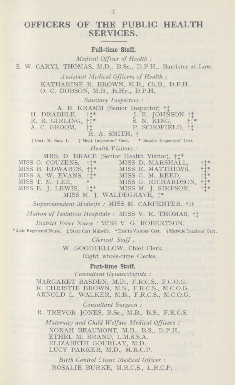7 OFFICERS OF THE PUBLIC HEALTH SERVICES. Full-time Staff. Medical Officer of Health : E. W. CARYL THOMAS, M.D., B.Sc., D.P.H., Barrister-at-Law. Assistant Medical Officers of Health : KATHARINE R. BROWN, M.B., Ch.B., D.P.H. O. C. DOBSON, M.B., B.Hy., D.P.H. Sanitary Inspectors : A. B. KRAMM (Senior Inspector) † ‡ H. DRABBLE, †‡* R. B. GIRLING, †‡* A. C. GROOM, †‡ J. E. JOHNSON †‡ S. N. KING, †‡* P. SCHOFIELD, †‡ E. A. SMITH, † † Cert. R. San. I. ‡ Meat Inspectors' Cert. * Smoke Inspectors' Cert. Health Visitors : MRS. D. BRACE (Senior Health Visitor), †‡* MISS G. COUZENS, †‡* MISS B. EDWARDS, †‡* MISS A. W. EVANS, †‡* MISS T. M. LEE, † MISS E. J. LEWIS, †‡* MISS D. MARSHALL †‡* MISS E. MATTHEWS, †‡* MISS G. M. REED, †‡* MISS G. RICHARDSON, †‡* MISS M. J. SIMPSON, †‡* MISS M. J. WALDEGRAVE, ‡* Superintendent Midwife : MISS M. CARPENTER. †‡§ Matron of Isolation Hospitals : MISS V. R. THOMAS, †‡ District Fever Nurse : MISS V. G. ROBERTSON. † State Registered Nurse. ‡ State Cert. Midwife. * Health Visitors' Cert. § Midwife Teachers' Cert. Clerical Staff : W. GOODFELLOW, Chief Clerk. Eight whole-time Clerks. Part-time Staff. Consultant Gynaecologists : MARGARET BASDEN, M.D., F.R.C.S., F.C.O.G. R. CHRISTIE BROWN, M.S., F.R.C.S., M.C.O.G. ARNOLD L. WALKER, M.B., F.R.C.S., M.C.O.G. Consultant Surgeon : R. TREVOR JONES, B.Sc., M.B., B.S., F.R.C.S. Maternity and Child Welfare Medical Officers : NORAH BEAUMONT, M.B., B.S., D.P.H. ETHEL M. BRAND, L.M.S.S.A. ELIZABETH GOURLAY, M.D. LUCY PARKER, M.D., M.R.C.P. Birth Control Clinic Medical Officer : ROSALIE BURKE, M.R.C.S., L.R.C.P.