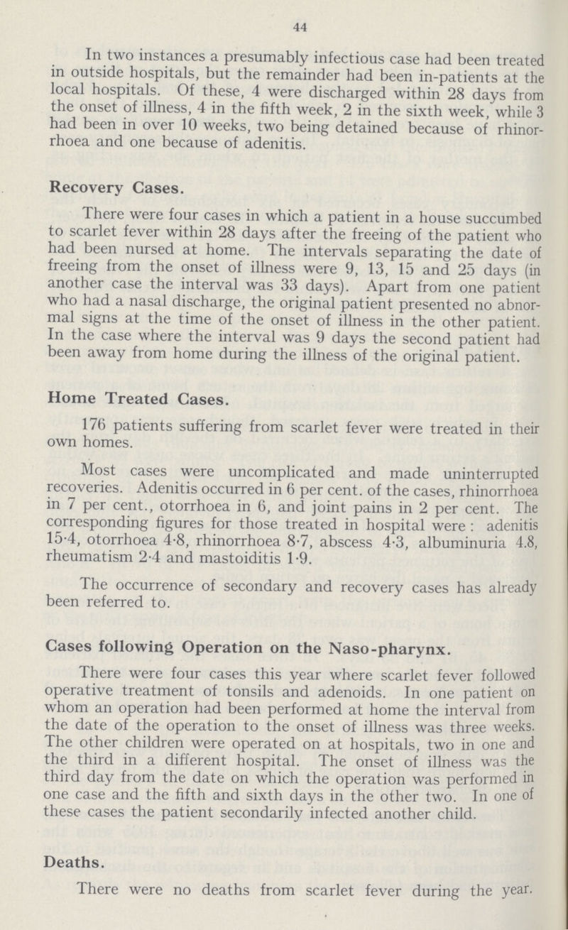 44 In two instances a presumably infectious case had been treated in outside hospitals, but the remainder had been in-patients at the local hospitals. Of these, 4 were discharged within 28 days from the onset of illness, 4 in the fifth week, 2 in the sixth week, while 3 had been in over 10 weeks, two being detained because of rhinor rhoea and one because of adenitis. Recovery Cases. There were four cases in which a patient in a house succumbed to scarlet fever within 28 days after the freeing of the patient who had been nursed at home. The intervals separating the date of freeing from the onset of illness were 9, 13, 15 and 25 days (in another case the interval was 33 days). Apart from one patient who had a nasal discharge, the original patient presented no abnor mal signs at the time of the onset of illness in the other patient. In the case where the interval was 9 days the second patient had been away from home during the illness of the original patient. Home Treated Cases. 176 patients suffering from scarlet fever were treated in their own homes. Most cases were uncomplicated and made uninterrupted recoveries. Adenitis occurred in 6 per cent. of the cases, rhinorrhoea in 7 per cent., otorrhoea in 6, and joint pains in 2 per cent. The corresponding figures for those treated in hospital were: adenitis 15.4, otorrhoea 4.8, rhinorrhoea 8.7, abscess 4.3, albuminuria 4.8, rheumatism 2.4 and mastoiditis 1.9. The occurrence of secondary and recovery cases has already been referred to. Cases following Operation on the Naso-pharynx. There were four cases this year where scarlet fever followed operative treatment of tonsils and adenoids. In one patient on whom an operation had been performed at home the interval from the date of the operation to the onset of illness was three weeks. The other children were operated on at hospitals, two in one and the third in a different hospital. The onset of illness was the third day from the date on which the operation was performed in one case and the fifth and sixth days in the other two. In one of these cases the patient secondarily infected another child. Deaths. There were no deaths from scarlet fever during the year.