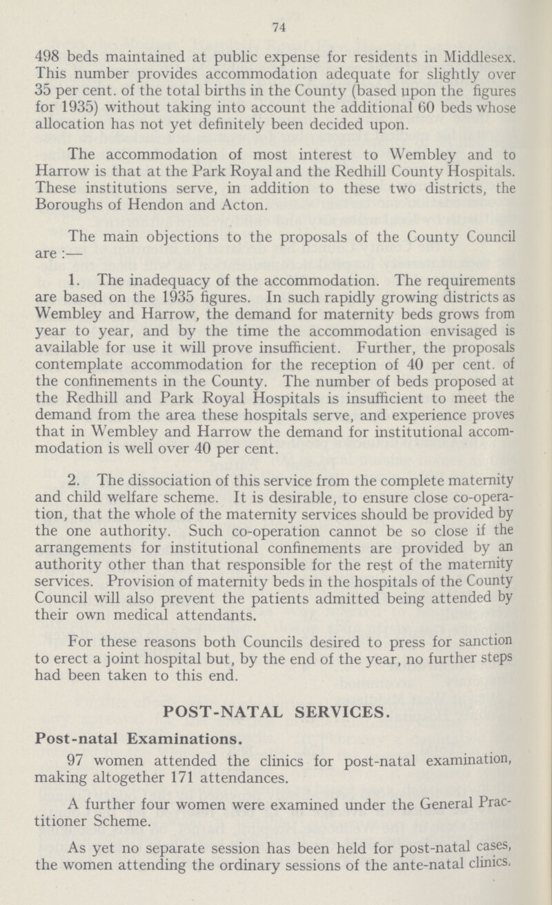 74 498 beds maintained at public expense for residents in Middlesex. This number provides accommodation adequate for slightly over 35 per cent. of the total births in the County (based upon the figures for 1935) without taking into account the additional 60 beds whose allocation has not yet definitely been decided upon. The accommodation of most interest to Wembley and to Harrow is that at the Park Royal and the Redhill County Hospitals. These institutions serve, in addition to these two districts, the Boroughs of Hendon and Acton. The main objections to the proposals of the County Council are:— 1. The inadequacy of the accommodation. The requirements are based on the 1935 figures. In such rapidly growing districts as Wembley and Harrow, the demand for maternity beds grows from year to year, and by the time the accommodation envisaged is available for use it will prove insufficient. Further, the proposals contemplate accommodation for the reception of 40 per cent. of the confinements in the County. The number of beds proposed at the Redhill and Park Royal Hospitals is insufficient to meet the demand from the area these hospitals serve, and experience proves that in Wembley and Harrow the demand for institutional accom modation is well over 40 per cent. 2. The dissociation of this service from the complete maternity and child welfare scheme. It is desirable, to ensure close co-opera tion, that the whole of the maternity services should be provided by the one authority. Such co-operation cannot be so close if the arrangements for institutional confinements are provided by an authority other than that responsible for the rest of the maternity services. Provision of maternity beds in the hospitals of the County Council will also prevent the patients admitted being attended by their own medical attendants. For these reasons both Councils desired to press for sanction to erect a joint hospital but, by the end of the year, no further steps had been taken to this end. POST-NATAL SERVICES. Post-natal Examinations. 97 women attended the clinics for post-natal examination, making altogether 171 attendances. A further four women were examined under the General Prac titioner Scheme. As yet no separate session has been held for post-natal cases, the women attending the ordinary sessions of the ante-natal clinics.