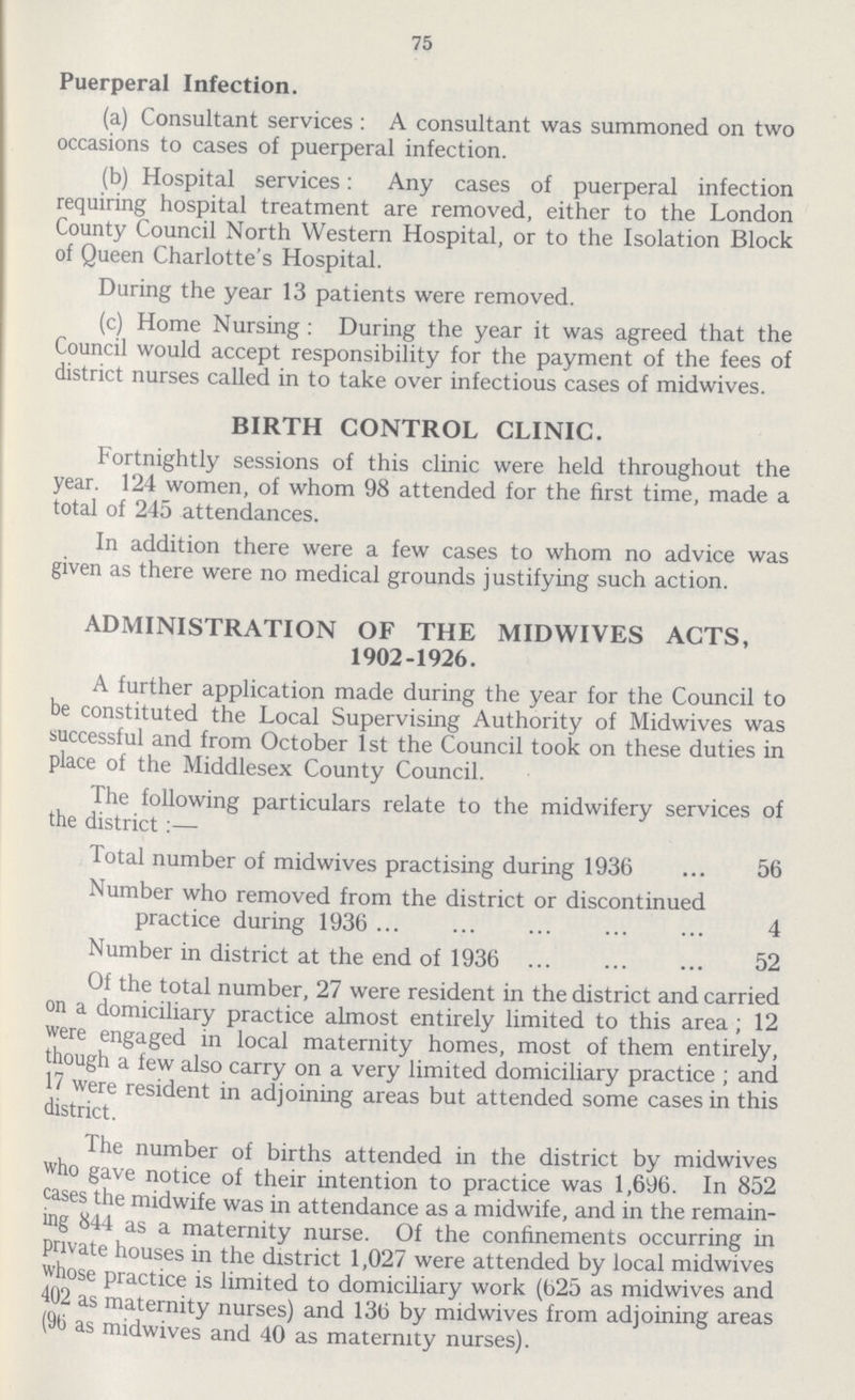 75 Puerperal Infection. (a) Consultant services: A consultant was summoned on two occasions to cases of puerperal infection. (b) Hospital services: Any cases of puerperal infection requiring hospital treatment are removed, either to the London County Council North Western Hospital, or to the Isolation Block of Queen Charlotte's Hospital. During the year 13 patients were removed. (c) Home Nursing: During the year it was agreed that the Council would accept responsibility for the payment of the fees of district nurses called in to take over infectious cases of midwives. BIRTH CONTROL CLINIC. Fortnightly sessions of this clinic were held throughout the year. 124 women, of whom 98 attended for the first time, made a total of 245 attendances. In addition there were a few cases to whom no advice was given as there were no medical grounds justifying such action. ADMINISTRATION OF THE MIDWIVES ACTS, 1902-1926. A further application made during the year for the Council to be constituted the Local Supervising Authority of Midwives was successful and from October 1st the Council took on these duties in place of the Middlesex County Council. The following particulars relate to the midwifery services of the district:— Total number of midwives practising during 1936 56 Number who removed from the district or discontinued practice during 1936 4 Number in district at the end of 1936 52 Of the total number, 27 were resident in the district and carried on a domiciliary practice almost entirely limited to this area; 12 were engaged in local maternity homes, most of them entirely, though a few also carry on a very limited domiciliary practice ; and 17 were resident in adjoining areas but attended some cases in this district. The number of births attended in the district by midwives who gave notice of their intention to practice was 1,696. In 852 cases the midwife was in attendance as a midwife, and in the remain ing 844 as a maternity nurse. Of the confinements occurring in private houses in the district 1,027 were attended by local midwives whose practice is limited to domiciliary work (625 as midwives and 402 as maternity nurses) and 136 by midwives from adjoining areas (96 as midwives and 40 as maternity nurses).