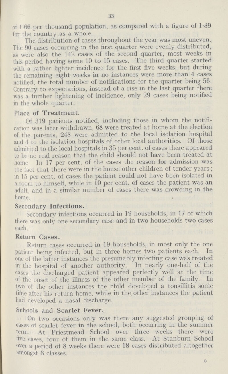 33 of 1.66 per thousand population, as compared with a figure of 1-89 for the country as a whole. The distribution of cases throughout the year was most uneven. The 90 cases occurring in the first quarter were evenly distributed, as were also the 142 cases of the second quarter, most weeks in this period having some 10 to 15 cases. The third quarter started with a rather lighter incidence for the first five weeks, but during the remaining eight weeks in no instances were more than 4 cases notified, the total number of notifications for the quarter being 56. Contrary to expectations, instead of a rise in the last quarter there was a further lightening of incidence, only 29 cases being notified in the whole quarter. Place of Treatment. Of 319 patients notified, including those in whom the notifi cation was later withdrawn, 68 were treated at home at the election of the parents, 248 were admitted to the local isolation hospital and 4 to the isolation hospitals of other local authorities. Of those admitted to the local hospitals in 35 per cent, of cases there appeared to be no real reason that the child should not have been treated at home. In 17 per cent, of the cases the reason for admission was the fact that there were in the house other children of tender years ; in 15 per cent, of cases the patient could not have been isolated in a room to himself, while in 10 per cent, of cases the patient was an adult, and in a similar number of cases there was crowding in the home. Secondary Infections. Secondary infections occurred in 19 households, in 17 of which there was onlv one secondary case and in two households two cases each. Return Cases. Return cases occurred in 19 households, in most only the one patient being infected, but in three homes two patients each. In one of the latter instances the presumably infecting case was treated in the hospital of another authority. In nearly one-half of the cases the discharged patient appeared perfectly well at the time of the onset of the illness of the other member of the family. In two of the other instances the child developed a tonsillitis some time after his return home, while in the other instances the patient had developed a nasal discharge. Schools and Scarlet Fever. On two occasions only was there any suggested grouping of cases of scarlet fever in the school, both occurring in the summer term. At Priestmead School over three weeks there were five cases, four of them in the same class. At Stanburn School over a period of 8 weeks there were 18 cases distributed altogether amongst 8 classes.