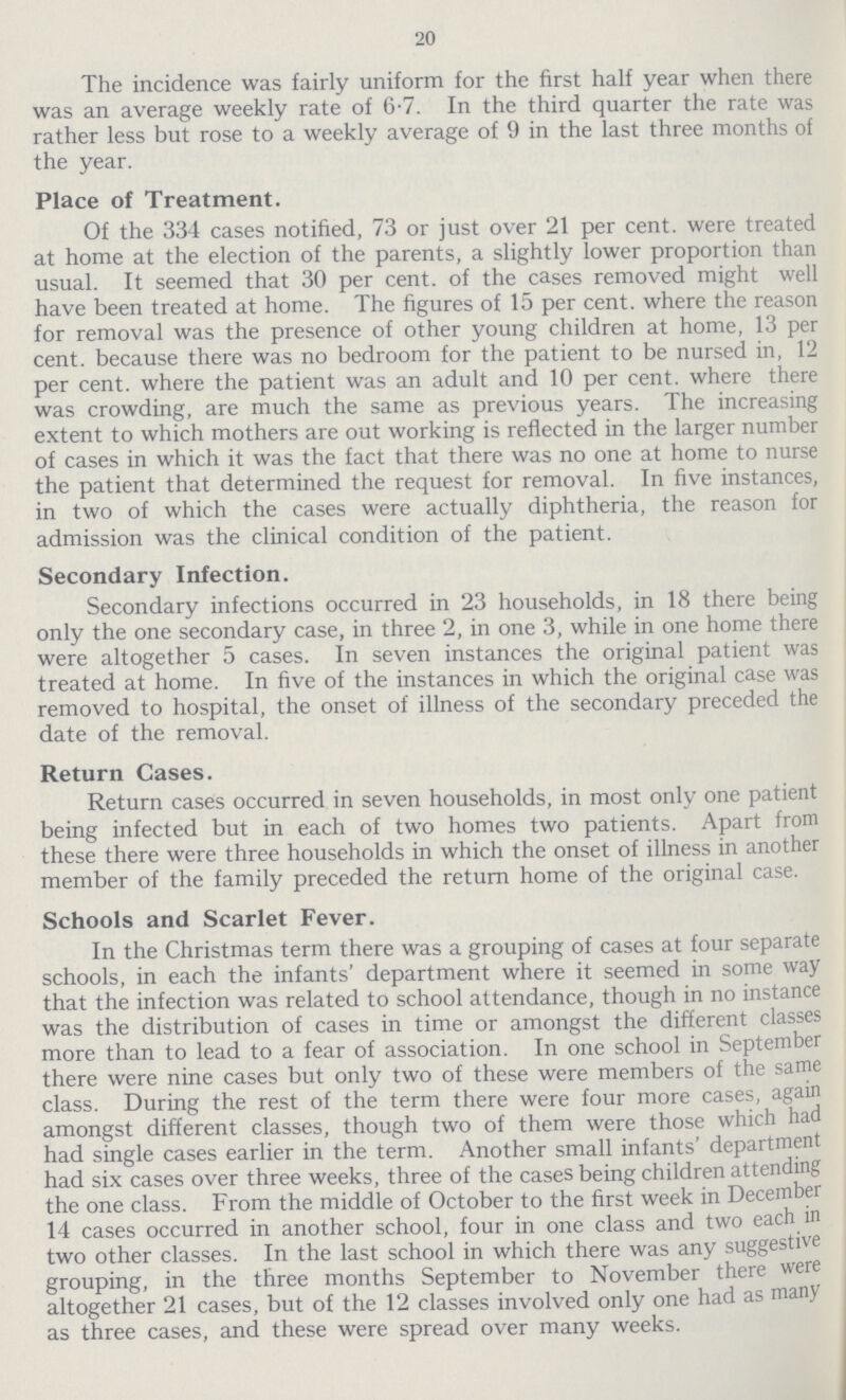 20 The incidence was fairly uniform for the first half year when there was an average weekly rate of 6-7. In the third quarter the rate was rather less but rose to a weekly average of 9 in the last three months of the year. Place of Treatment. Of the 334 cases notified, 73 or just over 21 per cent, were treated at home at the election of the parents, a slightly lower proportion than usual. It seemed that 30 per cent, of the cases removed might well have been treated at home. The figures of 15 per cent, where the reason for removal was the presence of other young children at home, 13 per cent, because there was no bedroom for the patient to be nursed in, 12 per cent, where the patient was an adult and 10 per cent, where there was crowding, are much the same as previous years. The increasing extent to which mothers are out working is reflected in the larger number of cases in which it was the fact that there was no one at home to nurse the patient that determined the request for removal. In five instances, in two of which the cases were actually diphtheria, the reason for admission was the clinical condition of the patient. Secondary Infection. Secondary infections occurred in 23 households, in 18 there being only the one secondary case, in three 2, in one 3, while in one home there were altogether 5 cases. In seven instances the original patient was treated at home. In five of the instances in which the original case was removed to hospital, the onset of illness of the secondary preceded the date of the removal. Return Cases. Return cases occurred in seven households, in most only one patient being infected but in each of two homes two patients. Apart from these there were three households in which the onset of illness in another member of the family preceded the return home of the original case. Schools and Scarlet Fever. In the Christmas term there was a grouping of cases at four separate schools, in each the infants' department where it seemed in some way that the infection was related to school attendance, though in no instance was the distribution of cases in time or amongst the different classes more than to lead to a fear of association. In one school in September there were nine cases but only two of these were members of the same class. During the rest of the term there were four more cases, again amongst different classes, though two of them were those which had had single cases earlier in the term. Another small infants' department had six cases over three weeks, three of the cases being children attending the one class. From the middle of October to the first week in December 14 cases occurred in another school, four in one class and two each in two other classes. In the last school in which there was any suggestive grouping, in the three months September to November there were altogether 21 cases, but of the 12 classes involved only one had as many as three cases, and these were spread over many weeks.