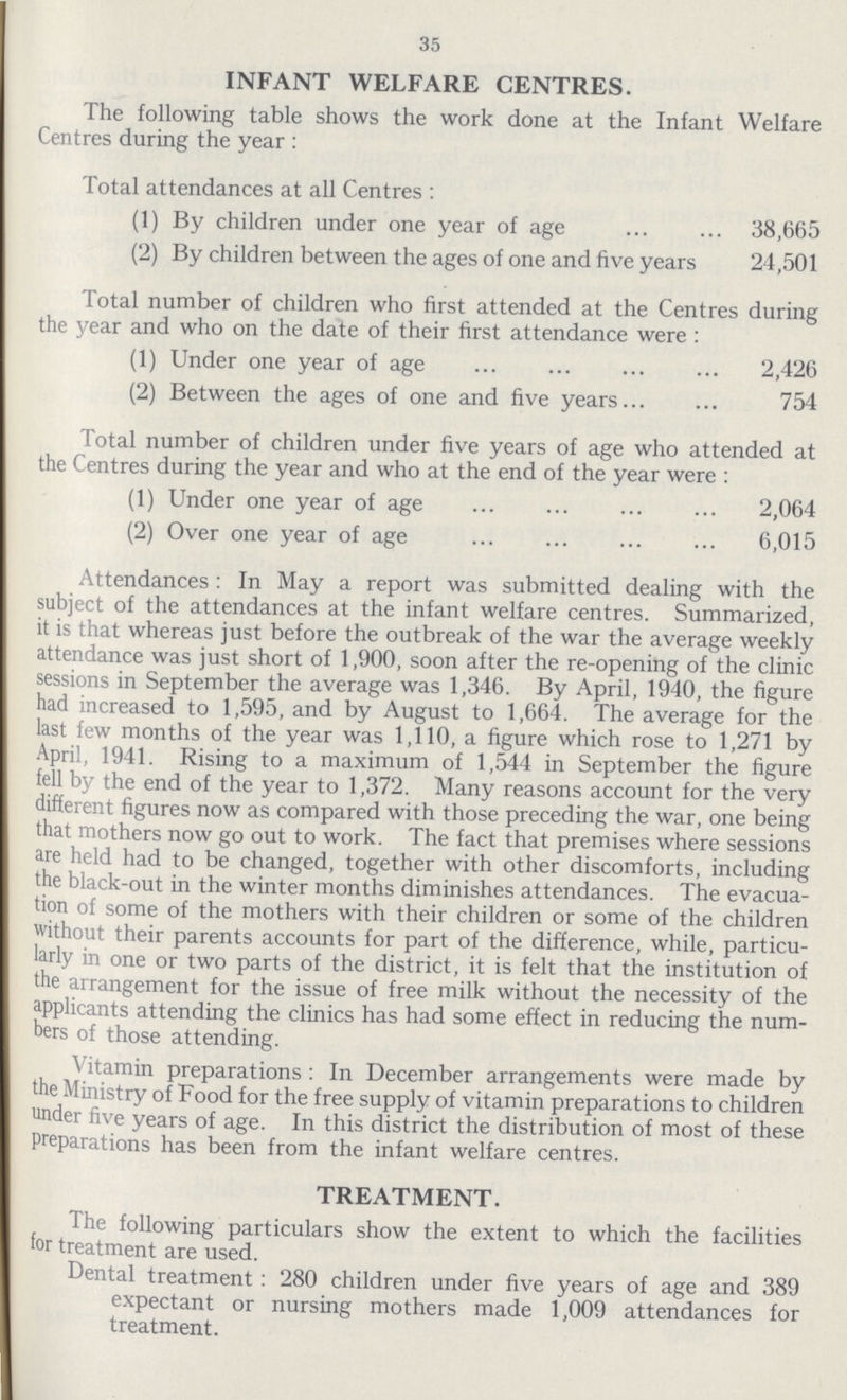 35 INFANT WELFARE CENTRES. The following table shows the work done at the Infant Welfare Centres during the year: Total attendances at all Centres: (1) By children under one year of age 38,665 (2) By children between the ages of one and five years 24,501 Total number of children who first attended at the Centres during the year and who on the date of their first attendance were : (1) Under one year of age 2,426 (2) Between the ages of one and five years 754 Total number of children under five years of age who attended at the Centres during the year and who at the end of the year were : (1) Under one year of age 2,064 (2) Over one year of age 6,015 Attendances: In May a report was submitted dealing with the subject of the attendances at the infant welfare centres. Summarized, it is that whereas just before the outbreak of the war the average weekly attendance was just short of 1,900, soon after the re-opening of the clinic sessions in September the average was 1,346. By April, 1940, the figure had increased to 1,595, and by August to 1,664. The average for the last few months of the year was 1,110, a figure which rose to 1,271 by April, 1941. Rising to a maximum of 1,544 in September the figure fell by the end of the year to 1,372. Many reasons account for the very different figures now as compared with those preceding the war, one being that mothers now go out to work. The fact that premises where sessions are held had to be changed, together with other discomforts, including the black-out in the winter months diminishes attendances. The evacua tion of some of the mothers with their children or some of the children without their parents accounts for part of the difference, while, particu larly in one or two parts of the district, it is felt that the institution of the arrangement for the issue of free milk without the necessity of the applicants attending the clinics has had some effect in reducing the num bers of those attending. Vitamin preparations: In December arrangements were made by the Ministry of Food for the free supply of vitamin preparations to children under five years of age. In this district the distribution of most of these preparations has been from the infant welfare centres. TREATMENT. The following particulars show the extent to which the facilities for treatment are used. Dental treatment : 280 children under five years of age and 389 expectant or nursing mothers made 1,009 attendances for treatment.