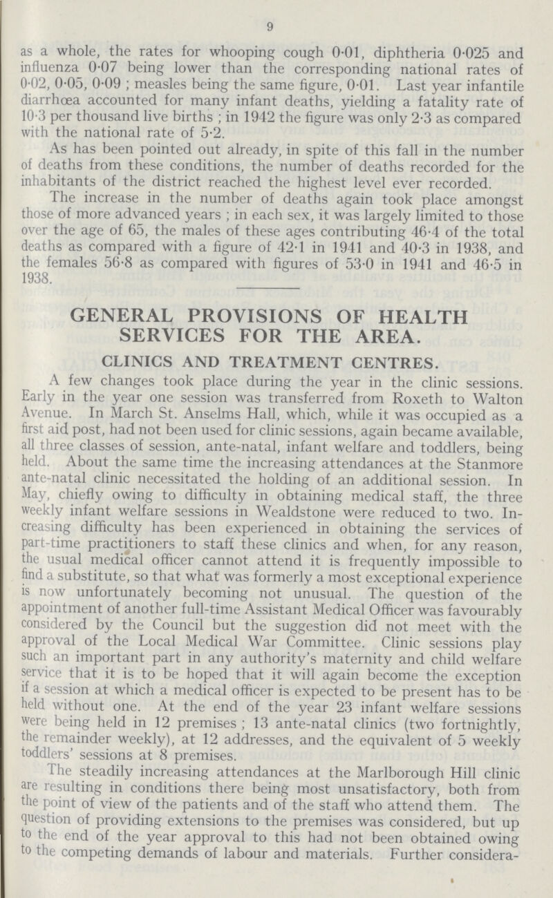 9 as a whole, the rates for whooping cough 0.01, diphtheria 0.025 and influenza 0.07 being lower than the corresponding national rates of 0.02, 0.05, 0.09 ; measles being the same figure, 0.01. Last year infantile diarrhoea accounted for many infant deaths, yielding a fatality rate of 10.3 per thousand live births ; in 1942 the figure was only 2.3 as compared with the national rate of 5.2. As has been pointed out already, in spite of this fall in the number of deaths from these conditions, the number of deaths recorded for the inhabitants of the district reached the highest level ever recorded. The increase in the number of deaths again took place amongst those of more advanced years ; in each sex, it was largely limited to those over the age of 65, the males of these ages contributing 46.4 of the total deaths as compared with a figure of 42.1 in 1941 and 40.3 in 1938, and the females 56.8 as compared with figures of 53.0 in 1941 and 46.5 in 1938. GENERAL PROVISIONS OF HEALTH SERVICES FOR THE AREA. CLINICS AND TREATMENT CENTRES. A few changes took place during the year in the clinic sessions. Early in the year one session was transferred from Roxeth to Walton Avenue. In March St. Anselms Hall, which, while it was occupied as a first aid post, had not been used for clinic sessions, again became available, all three classes of session, ante.natal, infant welfare and toddlers, being held. About the same time the increasing attendances at the Stanmore ante.natal clinic necessitated the holding of an additional session. In May, chiefly owing to difficulty in obtaining medical staff, the three weekly infant welfare sessions in Wealdstone were reduced to two. In creasing difficulty has been experienced in obtaining the services of part-time practitioners to staff these clinics and when, for any reason, the usual medical officer cannot attend it is frequently impossible to find a substitute, so that what was formerly a most exceptional experience is now unfortunately becoming not unusual. The question of the appointment of another full-time Assistant Medical Officer was favourably considered by the Council but the suggestion did not meet with the approval of the Local Medical War Committee. Clinic sessions play such an important part in any authority's maternity and child welfare service that it is to be hoped that it will again become the exception if a session at which a medical officer is expected to be present has to be held without one. At the end of the year 23 infant welfare sessions were being held in 12 premises ; 13 ante-natal clinics (two fortnightly, the remainder weekly), at 12 addresses, and the equivalent of 5 weekly toddlers' sessions at 8 premises. The steadily increasing attendances at the Marlborough Hill clinic are resulting in conditions there being most unsatisfactory, both from the point of view of the patients and of the staff who attend them. The question of providing extensions to the premises was considered, but up to the end of the year approval to this had not been obtained owing to the competing demands of labour and materials. Further considera¬