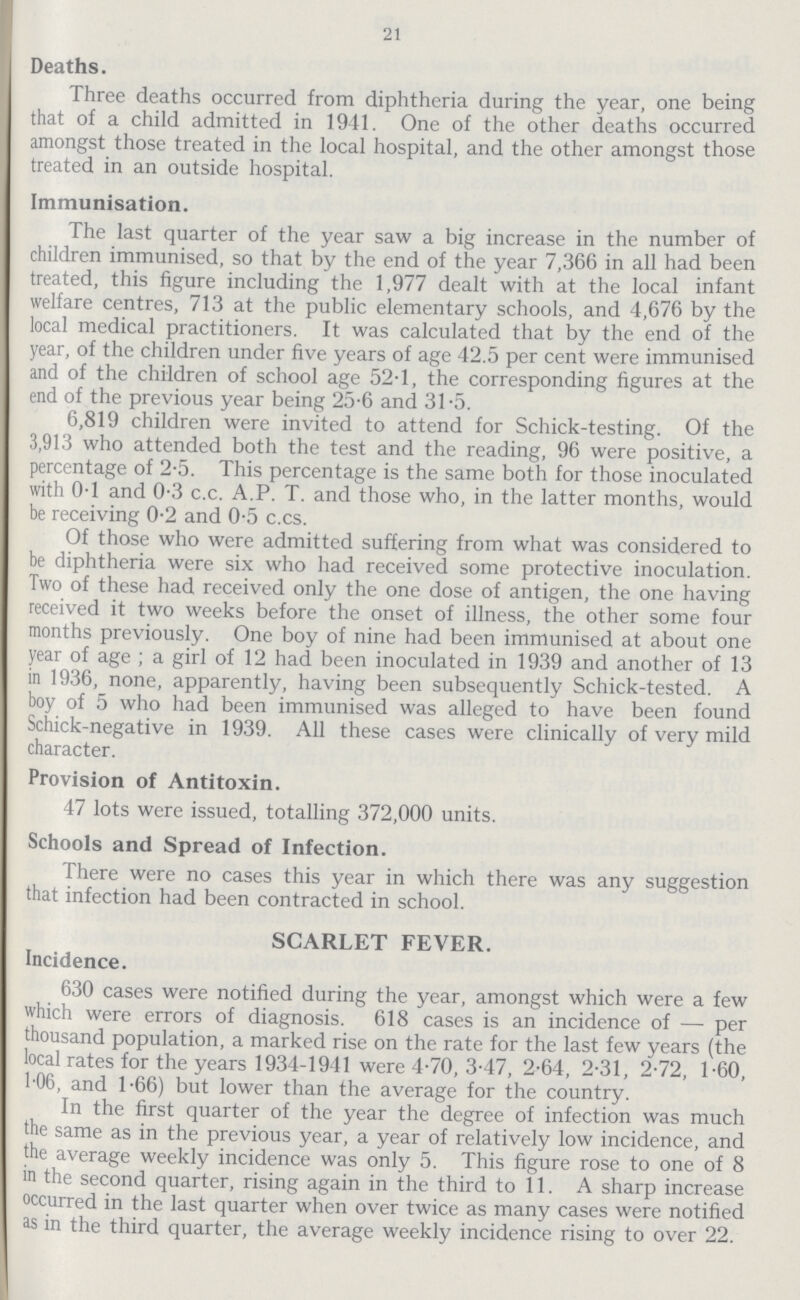 21 Deaths. Three deaths occurred from diphtheria during the year, one being that of a child admitted in 1941. One of the other deaths occurred amongst those treated in the local hospital, and the other amongst those treated in an outside hospital. Immunisation. The last quarter of the year saw a big increase in the number of children immunised, so that by the end of the year 7,366 in all had been treated, this figure including the 1,977 dealt with at the local infant welfare centres, 713 at the public elementary schools, and 4,676 by the local medical practitioners. It was calculated that by the end of the year, of the children under five years of age 42.5 per cent were immunised and of the children of school age 52.1, the corresponding figures at the end of the previous year being 25.6 and 31.5. 6,819 children were invited to attend for Schick-testing. Of the 3,913 who attended both the test and the reading, 96 were positive, a percentage of 2.5. This percentage is the same both for those inoculated with 0.1 and 0.3 c.c. A.P. T. and those who, in the latter months, would be receiving 0.2 and 0.5 c.cs. Of those who were admitted suffering from what was considered to be diphtheria were six who had received some protective inoculation. Two of these had received only the one dose of antigen, the one having received it two weeks before the onset of illness, the other some four months previously. One boy of nine had been immunised at about one year of age ; a girl of 12 had been inoculated in 1939 and another of 13 in 1936, none, apparently, having been subsequently Schick-tested. A boy of 5 who had been immunised was alleged to have been found Schick-negative in 1939. All these cases were clinically of very mild character. Provision of Antitoxin. 47 lots were issued, totalling 372,000 units. Schools and Spread of Infection. There were no cases this year in which there was any suggestion that infection had been contracted in school. SCARLET FEVER. Incidence. 630 cases were notified during the year, amongst which were a few which were errors of diagnosis. 618 cases is an incidence of — per thousand population, a marked rise on the rate for the last few years (the local rates for the years 1934-1941 were 4.70, 3.47, 2.64, 2.31, 2.72, 1.60, 1.06, and 1.66) but lower than the average for the country. In the first quarter of the year the degree of infection was much the same as in the previous year, a year of relatively low incidence, and the average weekly incidence was only 5. This figure rose to one of 8 in the second quarter, rising again in the third to 11. A sharp increase occurred in the last quarter when over twice as many cases were notified as in the third quarter, the average weekly incidence rising to over 22.