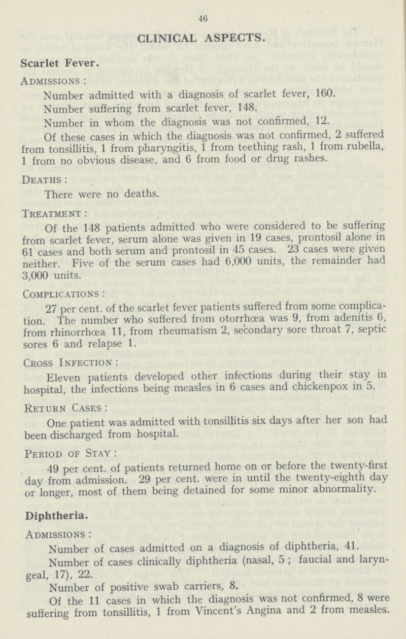 46 CLINICAL ASPECTS. Scarlet Fever. Admissions : Number admitted with a diagnosis of scarlet fever, 160. Number suffering from scarlet fever, 148. Number in whom the diagnosis was not confirmed, 12. Of these cases in which the diagnosis was not confirmed, 2 suffered from tonsillitis, 1 from pharyngitis, 1 from teething rash, 1 from rubella, 1 from no obvious disease, and 6 from food or drug rashes. Deaths: There were no deaths. Treatment : Of the 148 patients admitted who were considered to be suffering from scarlet fever, serum alone was given in 19 cases, prontosil alone in 61 cases and both serum and prontosil in 45 cases. 23 cases were given neither. Five of the serum cases had 6,000 units, the remainder had 3,000 units. Complications : 27 per cent. of the scarlet fever patients suffered from some complica tion. The number who suffered from otorrhoea was 9, from adenitis 6, from rhinorrhoea 11, from rheumatism 2, secondary sore throat 7, septic sores 6 and relapse 1. Cross Infection : Eleven patients developed other infections during their stay in hospital, the infections being measles in 6 cases and chickenpox in 5. Return Cases: One patient was admitted with tonsillitis six days after her son had been discharged from hospital. Period of Stay : 49 per cent. of patients returned home on or before the twenty-first day from admission. 29 per cent. were in until the twenty-eighth day or longer, most of them being detained for some minor abnormality. Diphtheria. Admissions : Number of cases admitted on a diagnosis of diphtheria, 41. Number of cases clinically diphtheria (nasal, 5 ; faucial and laryn geal, 17), 22. Number of positive swab carriers, 8. Of the 11 cases in which the diagnosis was not confirmed, 8 were suffering from tonsillitis, 1 from Vincent's Angina and 2 from measles.