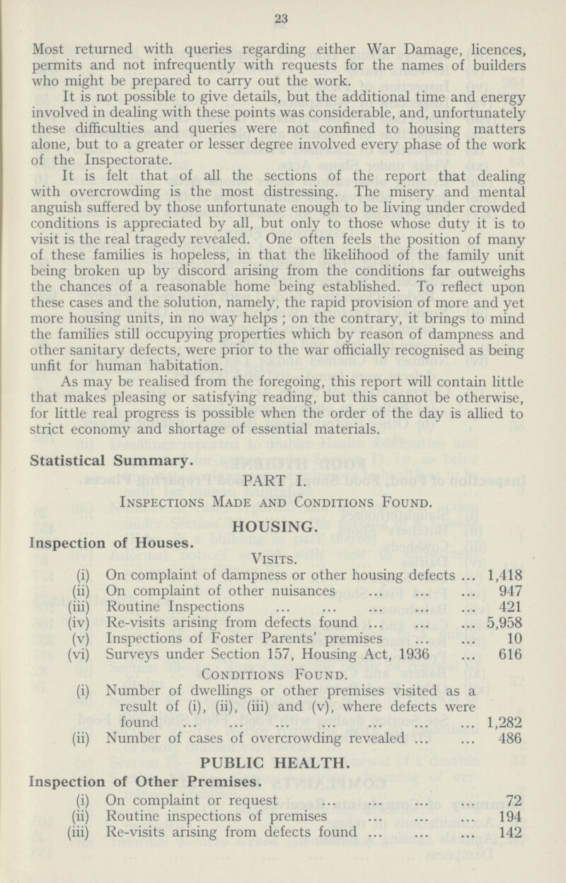 23 Most returned with queries regarding either War Damage, licences, permits and not infrequently with requests for the names of builders who might be prepared to carry out the work. It is not possible to give details, but the additional time and energy involved in dealing with these points was considerable, and, unfortunately these difficulties and queries were not confined to housing matters alone, but to a greater or lesser degree involved every phase of the work of the Inspectorate. It is felt that of all the sections of the report that dealing with overcrowding is the most distressing. The misery and mental anguish suffered by those unfortunate enough to be living under crowded conditions is appreciated by all, but only to those whose duty it is to visit is the real tragedy revealed. One often feels the position of many of these families is hopeless, in that the likelihood of the family unit being broken up by discord arising from the conditions far outweighs the chances of a reasonable home being established. To reflect upon these cases and the solution, namely, the rapid provision of more and yet more housing units, in no way helps; on the contrary, it brings to mind the families still occupying properties which by reason of dampness and other sanitary defects, were prior to the war officially recognised as being unfit for human habitation. As may be realised from the foregoing, this report will contain little that makes pleasing or satisfying reading, but this cannot be otherwise, for little real progress is possible when the order of the day is allied to strict economy and shortage of essential materials. Statistical Summary. PART I. Inspections Made and Conditions Found. HOUSING. Inspection of Houses. Visits. (i) On complaint of dampness or other housing defects 1,418 (ii) On complaint of other nuisances 947 (iii) Routine Inspections 421 (iv) Re-visits arising from defects found 5,958 (v) Inspections of Foster Parents' premises 10 (vi) Surveys under Section 157, Housing Act, 1936 Conditions Found. 616 (i) Number of dwellings or other premises visited as a result of (i), (ii), (iii) and (v), where defects were found 1,282 (ii) Number of cases of overcrowding revealed 486 PUBLIC HEALTH. Inspection of Other Premises. (i) On complaint or request 72 (ii) Routine inspections of premises 194 (iii) Re-visits arising from defects found 142