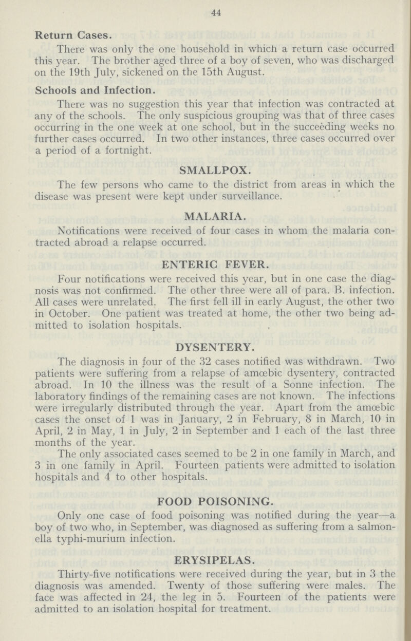 44 Return Cases. There was only the one household in which a return case occurred this year. The brother aged three of a boy of seven, who was discharged on the 19th July, sickened on the 15th August. Schools and Infection. There was no suggestion this year that infection was contracted at any of the schools. The only suspicious grouping was that of three cases occurring in the one week at one school, but in the succeeding weeks no further cases occurred. In two other instances, three cases occurred over a period of a fortnight. SMALLPOX. The few persons who came to the district from areas in which the disease was present were kept under surveillance. MALARIA. Notifications were received of four cases in whom the malaria con tracted abroad a relapse occurred. ENTERIC FEVER. Four notifications were received this year, but in one case the diag nosis was not confirmed. The other three were all of para. B. infection. All cases were unrelated. The first fell ill in early August, the other two in October. One patient was treated at home, the other two being ad mitted to isolation hospitals. DYSENTERY. The diagnosis in four of the 32 cases notified was withdrawn. Two patients were suffering from a relapse of amoebic dysentery, contracted abroad. In 10 the illness was the result of a Sonne infection. The laboratory findings of the remaining cases are not known. The infections were irregularly distributed through the year. Apart from the amoebic cases the onset of 1 was in January, 2 in February, 8 in March, 10 in April, 2 in May, 1 in July, 2 in September and 1 each of the last three months of the year. The only associated cases seemed to be 2 in one family in March, and 3 in one family in April. Fourteen patients were admitted to isolation hospitals and 4 to other hospitals. FOOD POISONING. Only one case of food poisoning was notified during the year—a boy of two who, in September, was diagnosed as suffering from a salmon ella typhi-murium infection. ERYSIPELAS. Thirty-five notifications were received during the year, but in 3 the diagnosis was amended. Twenty of those suffering were males. The face was affected in 24, the leg in 5. Fourteen of the patients were admitted to an isolation hospital for treatment.