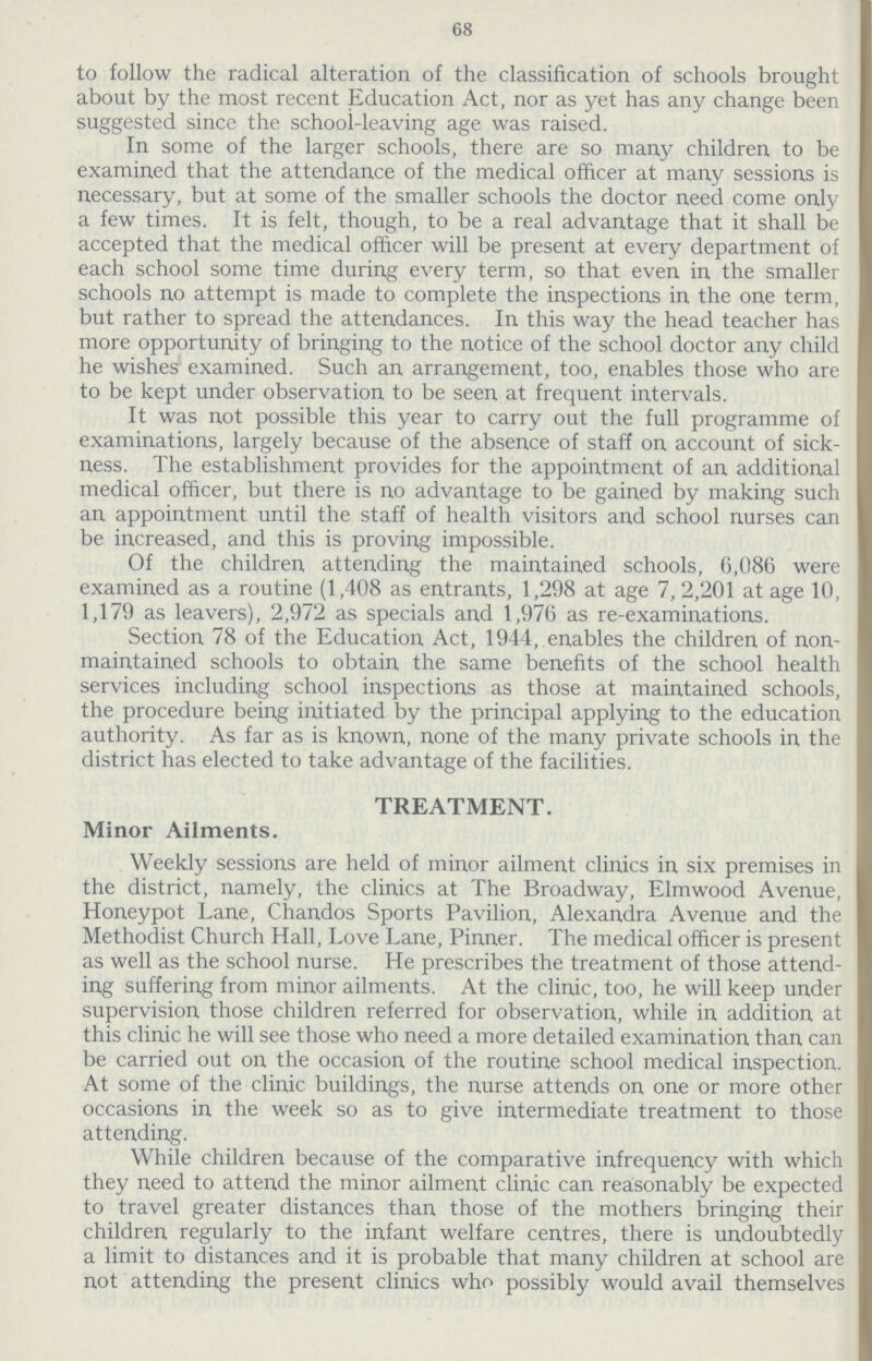 68 to follow the radical alteration of the classification of schools brought about by the most recent Education Act, nor as yet has any change been suggested since the school-leaving age was raised. In some of the larger schools, there are so many children to be examined that the attendance of the medical officer at many sessions is necessary, but at some of the smaller schools the doctor need come only a few times. It is felt, though, to be a real advantage that it shall be accepted that the medical officer will be present at every department of each school some time during every term, so that even in the smaller schools no attempt is made to complete the inspections in the one term, but rather to spread the attendances. In this way the head teacher has more opportunity of bringing to the notice of the school doctor any child he wishes examined. Such an arrangement, too, enables those who are to be kept under observation to be seen at frequent intervals. It was not possible this year to carry out the full programme of examinations, largely because of the absence of staff on account of sick ness. The establishment provides for the appointment of an additional medical officer, but there is no advantage to be gained by making such an appointment until the staff of health visitors and school nurses can be increased, and this is proving impossible. Of the children attending the maintained schools, 6,086 were examined as a routine (1,408 as entrants, 1,298 at age 7, 2,201 at age 10, 1,179 as leavers), 2,972 as specials and 1,976 as re-examinations. Section 78 of the Education Act, 1944, enables the children of non maintained schools to obtain the same benefits of the school health services including school inspections as those at maintained schools, the procedure being initiated by the principal applying to the education authority. As far as is known, none of the many private schools in the district has elected to take advantage of the facilities. TREATMENT. Minor Ailments. Weekly sessions are held of minor ailment clinics in six premises in the district, namely, the clinics at The Broadway, Elmwood Avenue, Honeypot Lane, Chandos Sports Pavilion, Alexandra Avenue and the Methodist Church Hall, Love Lane, Pinner. The medical officer is present as well as the school nurse. He prescribes the treatment of those attend ing suffering from minor ailments. At the clinic, too, he will keep under supervision those children referred for observation, while in addition at this clinic he will see those who need a more detailed examination than can be carried out on the occasion of the routine school medical inspection. At some of the clinic buildings, the nurse attends on one or more other occasions in the week so as to give intermediate treatment to those attending. While children because of the comparative infrequency with which they need to attend the minor ailment clinic can reasonably be expected to travel greater distances than those of the mothers bringing their children regularly to the infant welfare centres, there is undoubtedly a limit to distances and it is probable that many children at school are not attending the present clinics who possibly would avail themselves