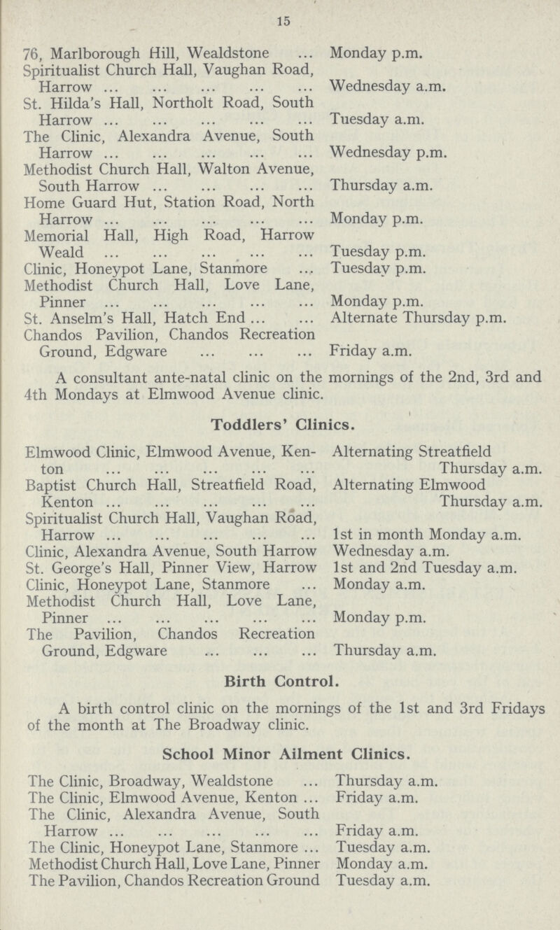 15 76, Marlborough Hill, Wealdstone Monday p.m. Spiritualist Church Hall, Vaughan Road, Harrow Wednesday a.m. St. Hilda's Hall, Northolt Road, South Harrow Tuesday a.m. The Clinic, Alexandra Avenue, South Harrow Wednesday p.m. Methodist Church Hall, Walton Avenue, South Harrow Thursday a.m. Home Guard Hut, Station Road, North Harrow Monday p.m. Memorial Hall, High Road, Harrow Weald Tuesday p.m. Clinic, Honeypot Lane, Stanmore Tuesday p.m. Methodist Church Hall, Love Lane, Pinner Monday p.m. St. Anselm's Hall, Hatch End Alternate Thursday p.m. Chandos Pavilion, Chandos Recreation Ground, Edgware Friday a.m. A consultant ante-natal clinic on the mornings of the 2nd, 3rd and 4th Mondays at Elmwood Avenue clinic. Toddlers' Clinics. Elmwood Clinic, Elmwood Avenue, Ken ton Alternating Streatfield Thursday a.m. Baptist Church Hall, Streatfield Road, Kenton Alternating Elmwood Thursday a.m. Spiritualist Church Hall, Vaughan Road, Harrow 1st in month Monday a.m. Clinic, Alexandra Avenue, South Harrow Wednesday a.m. St. George's Hall, Pinner View, Harrow 1st and 2nd Tuesday a.m. Clinic, Honeypot Lane, Stanmore Monday a.m. Methodist Church Hall, Love Lane, Pinner Monday p.m. The Pavilion, Chandos Recreation Ground, Edgware Thursday a.m. Birth Control. A birth control clinic on the mornings of the 1st and 3rd Fridays of the month at The Broadway clinic. School Minor Ailment Clinics. The Clinic, Broadway, Wealdstone Thursday a.m. The Clinic, Elmwood Avenue, Kenton Friday a.m. The Clinic, Alexandra Avenue, South Harrow Friday a.m. The Clinic, Honeypot Lane, Stanmore Tuesday a.m. Methodist Church Hall, Love Lane, Pinner Monday a.m. The Pavilion, Chandos Recreation Ground Tuesday a.m.