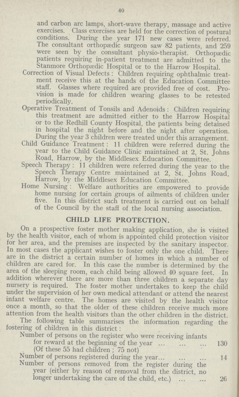 40 and carbon arc lamps, short-wave therapy, massage and active exercises. Class exercises are held for the correction of postural conditions. During the year 171 new cases were referred. The consultant orthopaedic surgeon saw 82 patients, and 259 were seen by the consultant physio-therapist. Orthopaedic patients requiring in-patient treatment are admitted to the Stanmore Orthopaedic Hospital or to the Harrow Hospital. Correction of Visual Defects : Children requiring ophthalmic treat ment receive this at the hands of the Education Committee staff. Glasses where required are provided free of cost. Pro vision is made for children wearing glasses to be retested periodically. Operative Treatment of Tonsils and Adenoids: Children requiring this treatment are admitted either to the Harrow Hospital or to the Redhill County Hospital, the patients being detained in hospital the night before and the night after operation. During the year 3 children were treated under this arrangement. Child Guidance Treatment: 11 children were referred during the year to the Child Guidance Clinic maintained at 2, St. Johns Road, Harrow, by the Middlesex Education Committee. Speech Therapy: 11 children were referred during the year to the Speech Therapy Centre maintained at 2, St. Johns Road, Harrow, by the Middlesex Education Committee. Home Nursing: Welfare authorities are empowered to provide home nursing for certain groups of ailments of children under five. In this district such treatment is carried out on behalf of the Council by the staff of the local nursing association. CHILD LIFE PROTECTION. On a prospective foster mother making application, she is visited by the health visitor, each of whom is appointed child protection visitor for her area, and the premises are inspected by the sanitary inspector. In most cases the applicant wishes to foster only the one child. There are in the district a certain number of homes in which a number of children are cared for. In this case the number is determined by the area of the sleeping room, each child being allowed 40 square feet. In addition wherever there are more than three children a separate day nursery is required. The foster mother undertakes to keep the child under the supervision of her own medical attendant or attend the nearest infant welfare centre. The homes are visited by the health visitor once a month, so that the older of these children receive much more attention from the health visitors than the other children in the district. The following table summarises the information regarding the fostering of children in this district: Number of persons on the register who were receiving infants for reward at the beginning of the year 130 (Of these 55 had children ; 75 not) Number of persons registered during the year 14 Number of persons removed from the register during the year (either by reason of removal from the district, no longer undertaking the care of the child, etc.) 26