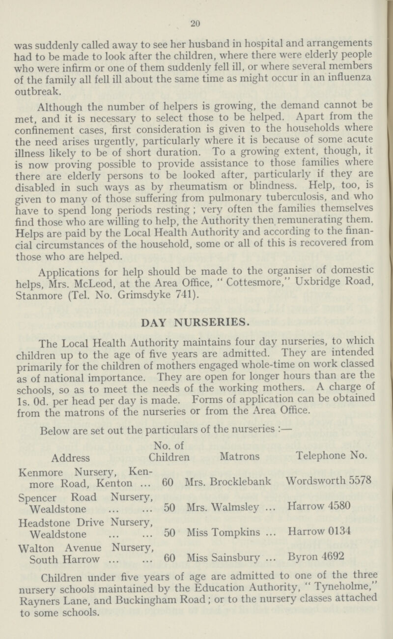 20 was suddenly called away to see her husband in hospital and arrangements had to be made to look after the children, where there were elderly people who were infirm or one of them suddenly fell ill, or where several members of the family all fell ill about the same time as might occur in an influenza outbreak. Although the number of helpers is growing, the demand cannot be met, and it is necessary to select those to be helped. Apart from the confinement cases, first consideration is given to the households where the need arises urgently, particularly where it is because of some acute illness likely to be of short duration. To a growing extent, though, it is now proving possible to provide assistance to those families where there are elderly persons to be looked after, particularly if they are disabled in such ways as by rheumatism or blindness. Help, too, is given to many of those suffering from pulmonary tuberculosis, and who have to spend long periods resting; very often the families themselves find those who are willing to help, the Authority then remunerating them. Helps are paid by the Local Health Authority and according to the finan cial circumstances of the household, some or all of this is recovered from those who are helped. Applications for help should be made to the organiser of domestic helps, Mrs. McLeod, at the Area Office,  Cottesmore, Uxbridge Road, Stanmore (Tel. No. Grimsdyke 741). DAY NURSERIES. The Local Health Authority maintains four day nurseries, to which children up to the age of five years are admitted. They are intended primarily for the children of mothers engaged whole-time on work classed as of national importance. They are open for longer hours than are the schools, so as to meet the needs of the working mothers. A charge of Is. Od. per head per day is made. Forms of application can be obtained from the matrons of the nurseries or from the Area Office. Below are set out the particulars of the nurseries :— No. of Address Children Matrons Telephone No. Kenmore Nursery, Ken- more Road, Kenton 60 Mrs. Brocklebank Wordsworth 5578 Spencer Road Nursery, Wealdstone 50 Mrs. Walmsley Harrow 4580 Headstone Drive Nursery, Wealdstone 50 Miss Tompkins Harrow 0134 Walton Avenue Nursery, South Harrow 60 Miss Sainsbury ... Byron 4692 Children under five years of age are admitted to one of the three nursery schools maintained by the Education Authority, Tyneholme, Rayners Lane, and Buckingham Road; or to the nursery classes attached to some schools.