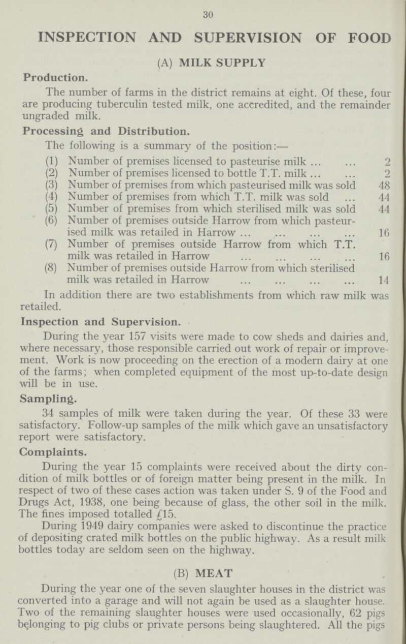 30 INSPECTION AND SUPERVISION OF FOOD (A) MILK SUPPLY Production. The number of farms in the district remains at eight. Of these, four are producing tuberculin tested milk, one accredited, and the remainder ungraded milk. Processing and Distribution. The following is a summary of the position:— (1) Number of premises licensed to pasteurise milk 2 (2) Number of premises licensed to bottle T.T. milk 2 (3) Number of premises from which pasteurised milk was sold 48 (4) Number of premises from which T.T. milk was sold 44 (5) Number of premises from which sterilised milk was sold 44 (6) Number of premises outside Harrow from which pasteur ised milk was retailed in Harrow 16 (7)Number of premises outside Harrow from which T.T. milk was retailed in Harrow 16 (8)Number of premises outside Harrow from which sterilised milk was retailed in Harrow 14 In addition there are two establishments from which raw milk was retailed. Inspection and Supervision. During the year 157 visits were made to cow sheds and dairies and, where necessary, those responsible carried out work of repair or improve ment. Work is now proceeding on the erection of a modern dairy at one of the farms; when completed equipment of the most up-to-date design will be in use. Sampling. 34 samples of milk were taken during the year. Of these 33 were satisfactory. Follow-up samples of the milk which gave an unsatisfactory report were satisfactory. Complaints. During the year 15 complaints were received about the dirty con dition of milk bottles or of foreign matter being present in the milk. In respect of two of these cases action was taken under S. 9 of the Food and Drugs Act, 1938, one being because of glass, the other soil in the milk. The fines imposed totalled £15. During 1949 dairy companies were asked to discontinue the practice of depositing crated milk bottles on the public highway. As a result milk bottles today are seldom seen on the highway. (B) MEAT During the year one of the seven slaughter houses in the district was converted into a garage and will not again be used as a slaughter house. Two of the remaining slaughter houses were used occasionally, 62 pigs belonging to pig clubs or private persons being slaughtered. All the pigs