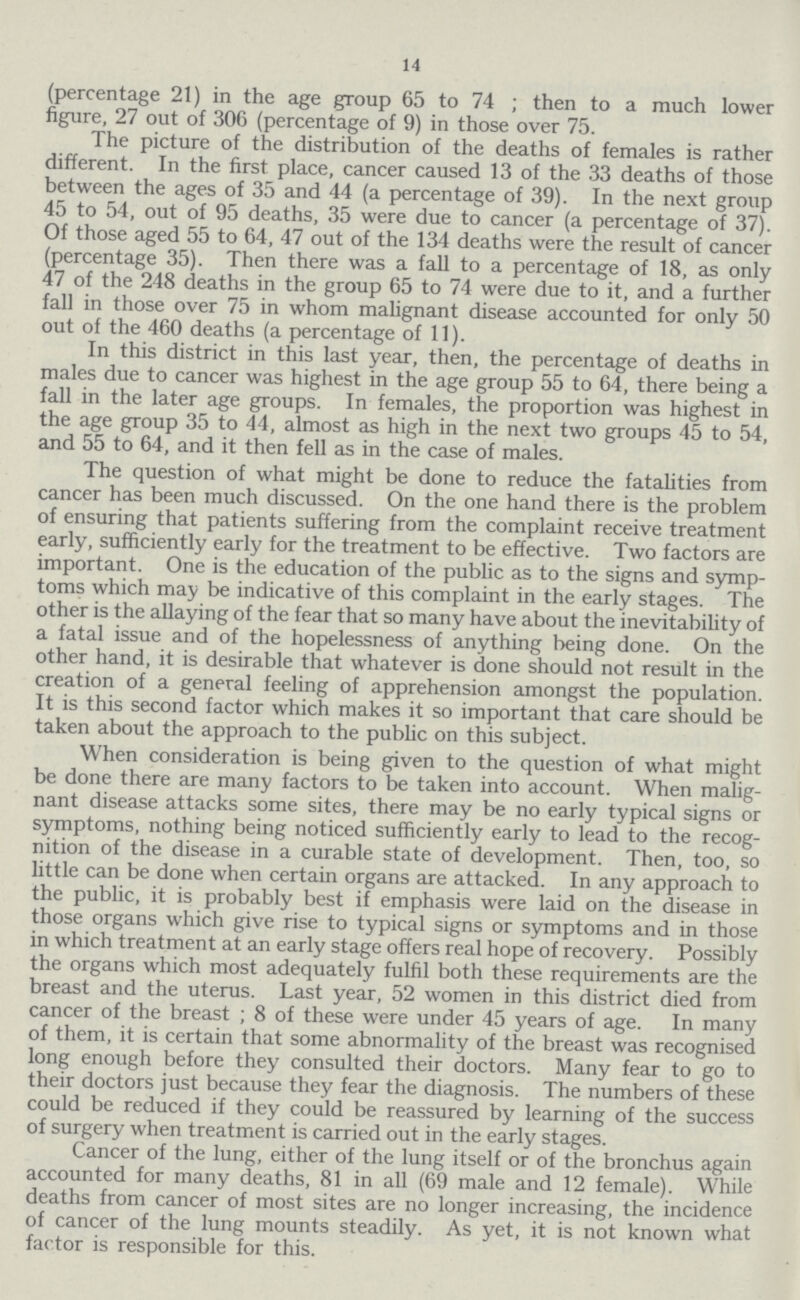 14 (percentage 21) in the age group 65 to 74 ; then to a much lower figure, 27 out of 306 (percentage of 9) in those over 75. The picture of the distribution of the deaths of females is rather different. In the first place, cancer caused 13 of the 33 deaths of those between the ages of 35 and 44 (a percentage of 39). In the next group 45 to 54, out of 95 deaths, 35 were due to cancer (a percentage of 37). Of those aged 55 to 64, 47 out of the 134 deaths were the result of cancer (percentage 35). Then there was a fall to a percentage of 18, as only 47 of the 248 deaths in the group 65 to 74 were due to it, and a further fall in those over 75 in whom malignant disease accounted for only 50 out of the 460 deaths (a percentage of 11). In this district in this last year, then, the percentage of deaths in males due to cancer was highest in the age group 55 to 64, there being a fall in the later age groups. In females, the proportion was highest in the age group 35 to 44, almost as high in the next two groups 45 to 54, and 55 to 64, and it then fell as in the case of males. The question of what might be done to reduce the fatalities from cancer has been much discussed. On the one hand there is the problem of ensuring that patients suffering from the complaint receive treatment early, sufficiently early for the treatment to be effective. Two factors are important. One is the education of the public as to the signs and symp toms which may be indicative of this complaint in the early stages. The other is the allaying of the fear that so many have about the inevitability of a fatal issue and of the hopelessness of anything being done. On the other hand, it is desirable that whatever is done should not result in the creation of a general feeling of apprehension amongst the population. It is this second factor which makes it so important that care should be taken about the approach to the public on this subject. When consideration is being given to the question of what might be done there are many factors to be taken into account. When malig nant disease attacks some sites, there may be no early typical signs or symptoms, nothing being noticed sufficiently early to lead to the recog nition of the disease in a curable state of development. Then, too, so little can be done when certain organs are attacked. In any approach to the public, it is probably best if emphasis were laid on the disease in those organs which give rise to typical signs or symptoms and in those in which treatment at an early stage offers real hope of recovery. Possibly the organs which most adequately fulfil both these requirements are the breast and the uterus. Last year, 52 women in this district died from cancer of the breast ; 8 of these were under 45 years of age. In many of them, it is certain that some abnormality of the breast was recognised long enough before they consulted their doctors. Many fear to go to their doctors just because they fear the diagnosis. The numbers of these could be reduced if they could be reassured by learning of the success of surgery when treatment is carried out in the early stages. Cancer of the lung, either of the lung itself or of the bronchus again accounted for many deaths, 81 in all (69 male and 12 female). While deaths from cancer of most sites are no longer increasing, the incidence of cancer of the lung mounts steadily. As yet, it is not known what factor is responsible for this.