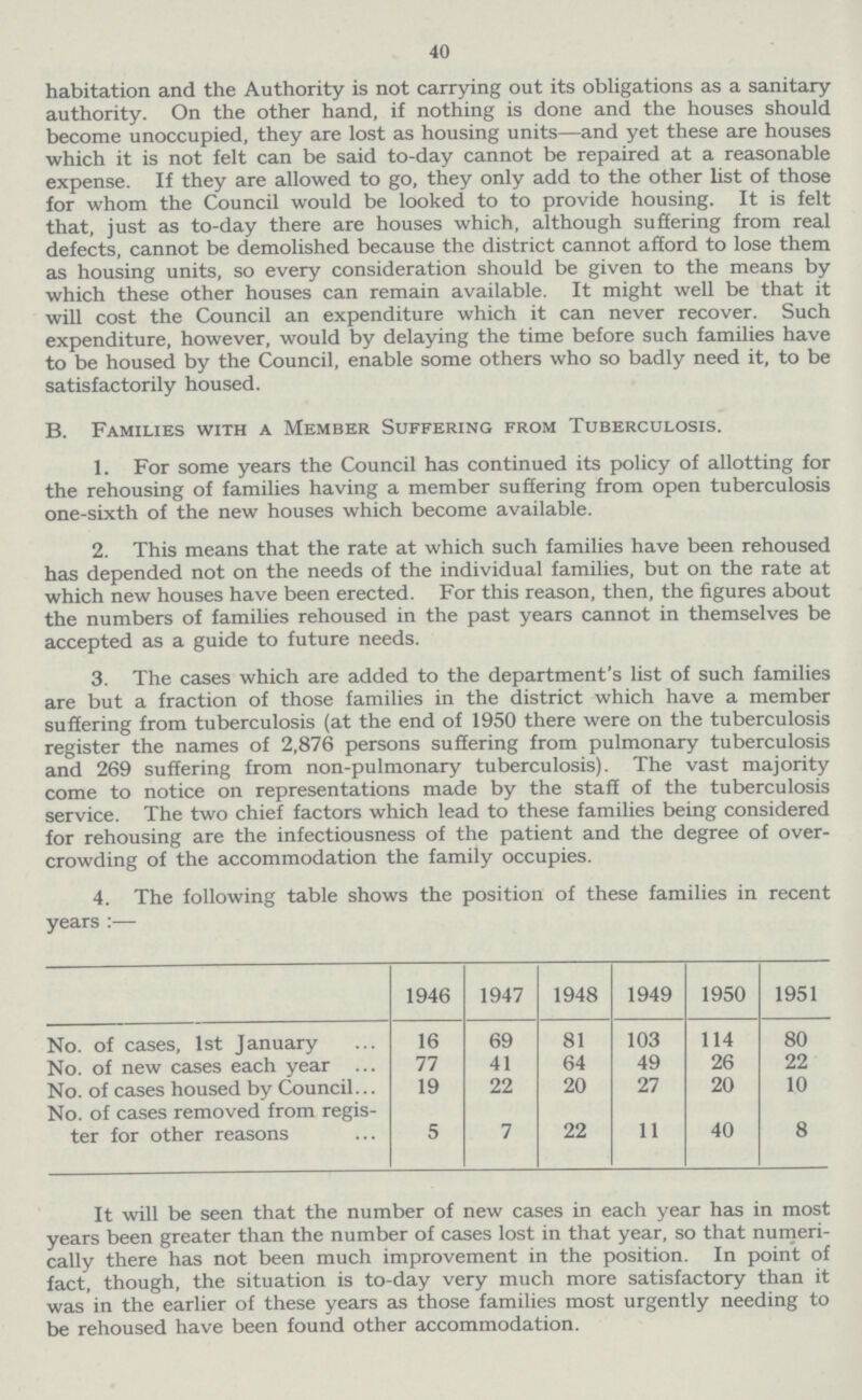 40 habitation and the Authority is not carrying out its obligations as a sanitary authority. On the other hand, if nothing is done and the houses should become unoccupied, they are lost as housing units—and yet these are houses which it is not felt can be said to-day cannot be repaired at a reasonable expense. If they are allowed to go, they only add to the other list of those for whom the Council would be looked to to provide housing. It is felt that, just as to-day there are houses which, although suffering from real defects, cannot be demolished because the district cannot afford to lose them as housing units, so every consideration should be given to the means by which these other houses can remain available. It might well be that it will cost the Council an expenditure which it can never recover. Such expenditure, however, would by delaying the time before such families have to be housed by the Council, enable some others who so badly need it, to be satisfactorily housed. B. Families with a Member Suffering from Tuberculosis. 1. For some years the Council has continued its policy of allotting for the rehousing of families having a member suffering from open tuberculosis one-sixth of the new houses which become available. 2. This means that the rate at which such families have been rehoused has depended not on the needs of the individual families, but on the rate at which new houses have been erected. For this reason, then, the figures about the numbers of families rehoused in the past years cannot in themselves be accepted as a guide to future needs. 3. The cases which are added to the department's list of such families are but a fraction of those families in the district which have a member suffering from tuberculosis (at the end of 1950 there were on the tuberculosis register the names of 2,876 persons suffering from pulmonary tuberculosis and 269 suffering from non-pulmonary tuberculosis). The vast majority come to notice on representations made by the staff of the tuberculosis service. The two chief factors which lead to these families being considered for rehousing are the infectiousness of the patient and the degree of over crowding of the accommodation the family occupies. 4. The following table shows the position of these families in recent years:— 1946 1947 1948 1949 1950 1951 No. of cases, 1st January 16 69 81 103 114 80 No. of new cases each year 77 41 64 49 26 22 No. of cases housed by Council 19 22 20 27 20 10 No. of cases removed from regis ter for other reasons 5 7 22 11 40 8 It will be seen that the number of new cases in each year has in most years been greater than the number of cases lost in that year, so that numeri cally there has not been much improvement in the position. In point of fact, though, the situation is to-day very much more satisfactory than it was in the earlier of these years as those families most urgently needing to be rehoused have been found other accommodation.