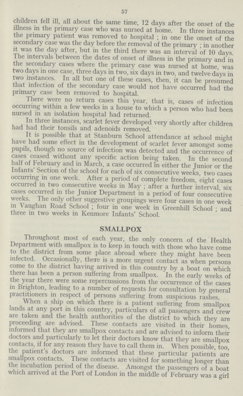 57 children fell ill, all about the same time, 12 days after the onset of the illness in the primary case who was nursed at home. In three instances the primary patient was removed to hospital; in one the onset of the secondary case was the day before the removal of the primary; in another it was the day after, but in the third there was an interval of 10 days. The intervals between the dates of onset of illness in the primary and in the secondary cases where the primary case was nursed at home, was two days in one case, three days in two, six days in two, and twelve days in two instances. In all but one of these cases, then, it can be presumed that infection of the secondary case would not have occurred had the primary case been removed to hospital. There were no return cases this year, that is, cases of infection occurring within a few weeks in a house to which a person who had been nursed in an isolation hospital had returned. In three instances, scarlet fever developed very shortly after children had had their tonsils and adenoids removed. It is possible that at Stanburn School attendance at school might have had some effect in the development of scarlet fever amongst some pupils, though no source of infection was detected and the occurrence of cases ceased without any specific action being taken. In the second half of February and in March, a case occurred in either the Junior or the Infants' Section of the school for each of six consecutive weeks, two cases occurring in one week. After a period of complete freedom, eight cases occurred in two consecutive weeks in May; after a further interval, six cases occurred in the Junior Department in a period of four consecutive weeks. The only other suggestive groupings were four cases in one week in Vaughan Road School; four in one week in Greenhill School; and three in two weeks in Kenmore Infants' School. SMALLPOX Throughout most of each year, the only concern of the Health Department with smallpox is to keep in touch with those who have come to the district from some place abroad where they might have been infected. Occasionally, there is a more urgent contact as when persons come to the district having arrived in this country by a boat on which there has been a person suffering from smallpox. In the early weeks of the year there were some repercussions from the occurrence of the cases in Brighton, leading to a number of requests for consultation by general practitioners in respect of persons suffering from suspicious rashes. When a ship on which there is a patient suffering from smallpox lands at any port in this country, particulars of all passengers and crew are taken and the health authorities of the district to which they are proceeding are advised. These contacts are visited in their homes, informed that they are smallpox contacts and are advised to inform their doctors and particularly to let their doctors know that they are smallpox contacts, if for any reason they have to call them in. When possible, too, the patient's doctors are informed that these particular patients are smallpox contacts. These contacts are visited for something longer than the incubation period of the disease. Amongst the passengers of a boat which arrived at the Port of London in the middle of February was a girl