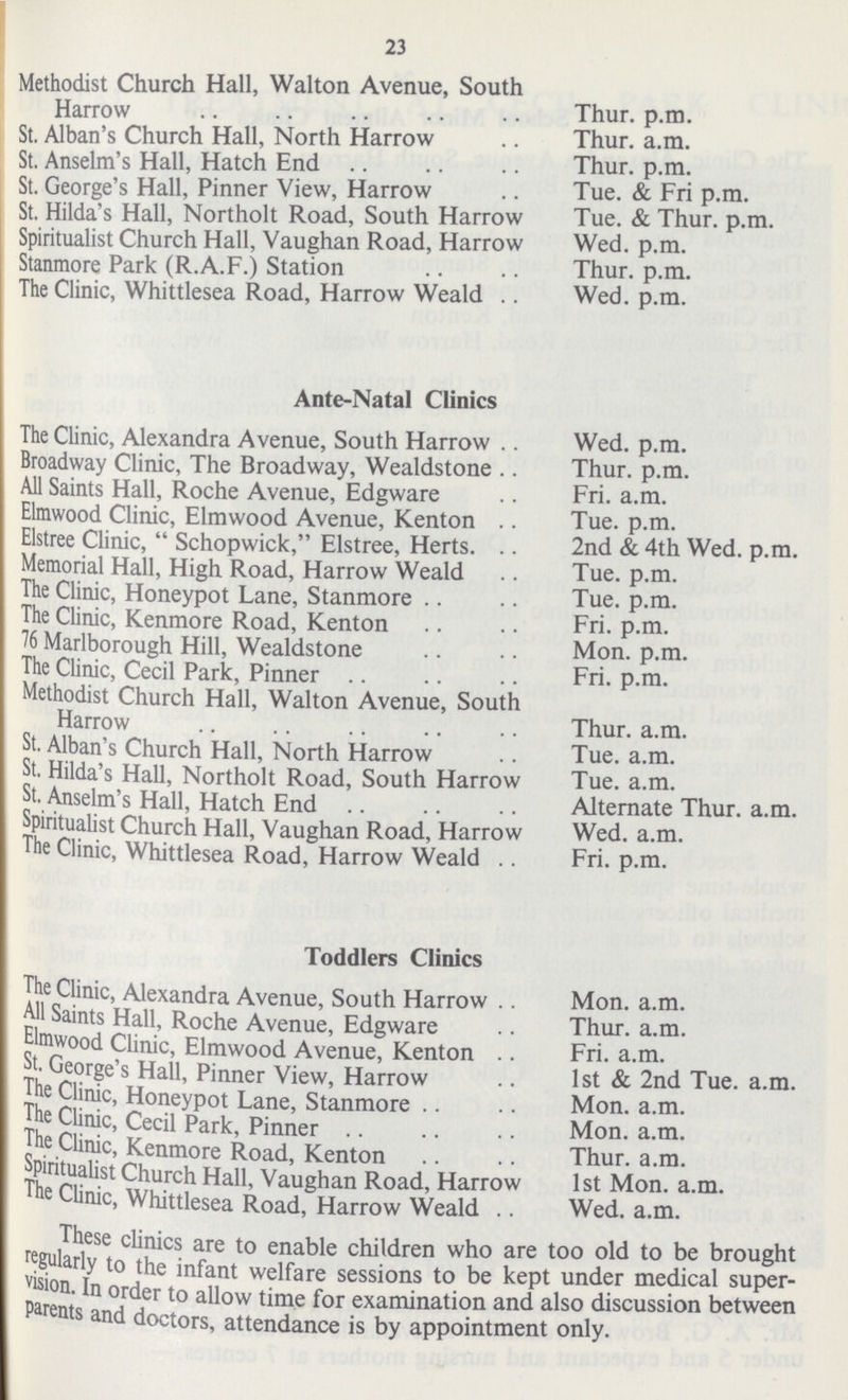 23 Methodist Church Hall, Walton Avenue, South Harrow St. Alban's Church Hall, North Harrow St. Anselm's Hall, Hatch End St. George's Hall, Pinner View, Harrow St. Hilda's Hall, Northolt Road, South Harrow Spiritualist Church Hall, Vaughan Road, Harrow Stanmore Park (R.A.F.) Station The Clinic, Whittlesea Road, Harrow Weald Thur. p.m. Thur. a.m. Thur. p.m. Tue. & Fri p.m. Tue. & Thur. p.m. Wed. p.m. Thur. p.m. Wed. p.m. Ante-Natal Clinics The Clinic, Alexandra Avenue, South Harrow Broadway Clinic, The Broadway, Wealdstone All Saints Hall, Roche Avenue, Edgware Elmwood Clinic, Elmwood Avenue, Kenton Elstree Clinic,  Schopwick, Elstree, Herts. Memorial Hall, High Road, Harrow Weald The Clinic, Honeypot Lane, Stanmore The Clinic, Kenmore Road, Kenton 76 Marlborough Hill, Wealdstone The Clinic, Cecil Park, Pinner Methodist Church Hall, Walton Avenue, South Harrow St. Alban's Church Hall, North Harrow St. Hilda's Hall, Northolt Road, South Harrow St. Anselm's Hall, Hatch End Spiritualist Church Hall, Vaughan Road, Harrow The Clinic, Whittlesea Road, Harrow Weald Wed. p.m. Thur. p.m. Fri. a.m. Tue. p.m. 2nd & 4th Wed. p.m. Tue. p.m. Tue. p.m. Fri. p.m. Mon. p.m. Fri. p.m. Thur. a.m. Tue. a.m. Tue. a.m. Alternate Thur. a.m. Wed. a.m. Fri. p.m. Toddlers Clinics The Clinic, Alexandra Avenue, South Harrow . All Saints Hall, Roche Avenue, Edgware Elmwood Clinic, Elmwood Avenue, Kenton . St. George's Hall, Pinner View, Harrow The Clinic, Honeypot Lane, Stanmore The Clinic, Cecil Park, Pinner The Clinic, Kenmore Road, Kenton Spiritualist Church Hall, Vaughan Road, Harrow The Clinic, Whittlesea Road, Harrow Weald Mon. a.m. Thur. a.m. Fri. a.m. 1st & 2nd Tue. a.m. Mon. a.m. Mon. a.m. Thur. a.m. 1st Mon. a.m. Wed. a.m. These clinics are to enable children who are too old to be brought regularly to the infant welfare sessions to be kept under medical super vision. In order to allow time for examination and also discussion between parents and doctors, attendance is by appointment only.
