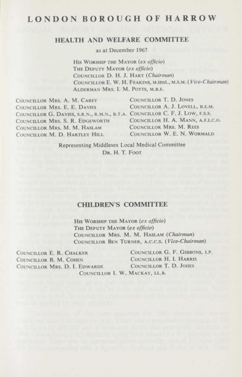 LONDON BOROUGH OF HARROW HEALTH AND WELFARE COMMITTEE as at December 1967 His Worship the Mayor (ex officio) The Deputy Mayor (ex officio) Councillor D. H. J. Hart (Chairman) Councillor E. W. H. Feakins, m.inst., m.s.m. (Vice-Chairman) Alderman Mrs. I. M. Potts, m.b.e. Councillor Mrs. A. M. Carey Councillor Mrs. E. E. Davies Councillor G. Davies, s.r.n., r.m.n., b.t.a. Councillor Mrs. S. R. Edgeworth Councillor Mrs. M. M. Haslam Councillor M. D. Hartley Hill Councillor T. D. Jones Councillor A. J. Lovell, b.e.m. Councillor C. F. J. Low, f.s.s. Councillor H. A. Mann, a.f.i.c.o. Councillor Mrs. M. Rees Councillor W. E. N. Wormald Representing Middlesex Local Medical Committee Dr. H. T. Foot CHILDREN'S COMMITTEE His Worship the Mayor (ex officio) The Deputy Mayor (ex officio) Councillor Mrs. M. M. Haslam (Chairman) Councillor Ben Turner, a.c.c.s. (Vice-Chairman) Councillor E. R. Chalkfr Councillor B. M. Cohen Councillor Mrs. D. I. Edwards Councillor G. F. Gibbons, j.p. Councillor H. I. Harris Councillor T. D. Johes Councillor I. W. Mackay, ll.b.