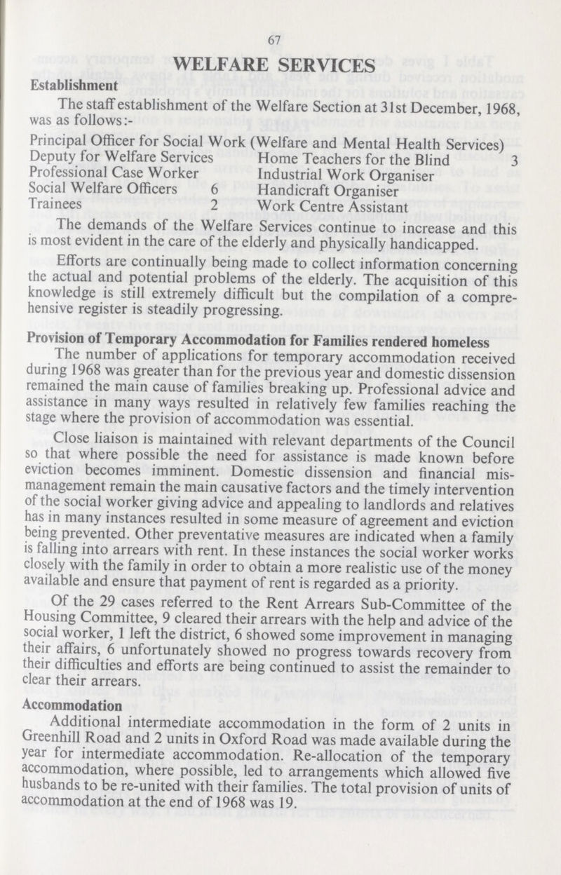 67 WELFARE SERVICES Establishment The staff establishment of the Welfare Section at 31st December, 1968, was as follows Principal Officer for Social Work (Welfare and Mental Health Services) Deputy for Welfare Services Home Teachers for the Blind 3 Professional Case Worker Industrial Work Organiser Social Welfare Officers 6 Handicraft Organiser Trainees 2 Work Centre Assistant The demands of the Welfare Services continue to increase and this is most evident in the care of the elderly and physically handicapped. Efforts are continually being made to collect information concerning the actual and potential problems of the elderly. The acquisition of this knowledge is still extremely difficult but the compilation of a compre hensive register is steadily progressing. Provision of Temporary Accommodation for Families rendered homeless The number of applications for temporary accommodation received during 1968 was greater than for the previous year and domestic dissension remained the main cause of families breaking up. Professional advice and assistance in many ways resulted in relatively few families reaching the stage where the provision of accommodation was essential. Close liaison is maintained with relevant departments of the Council so that where possible the need for assistance is made known before eviction becomes imminent. Domestic dissension and financial mis management remain the main causative factors and the timely intervention of the social worker giving advice and appealing to landlords and relatives has in many instances resulted in some measure of agreement and eviction being prevented. Other preventative measures are indicated when a family is falling into arrears with rent. In these instances the social worker works closely with the family in order to obtain a more realistic use of the money available and ensure that payment of rent is regarded as a priority. Of the 29 cases referred to the Rent Arrears Sub-Committee of the Housing Committee, 9 cleared their arrears with the help and advice of the social worker, 1 left the district, 6 showed some improvement in managing their affairs, 6 unfortunately showed no progress towards recovery from their difficulties and efforts are being continued to assist the remainder to clear their arrears. Accommodation Additional intermediate accommodation in the form of 2 units in Greenhill Road and 2 units in Oxford Road was made available during the year for intermediate accommodation. Re-allocation of the temporary accommodation, where possible, led to arrangements which allowed five husbands to be re-united with their families. The total provision of units of accommodation at the end of 1968 was 19.