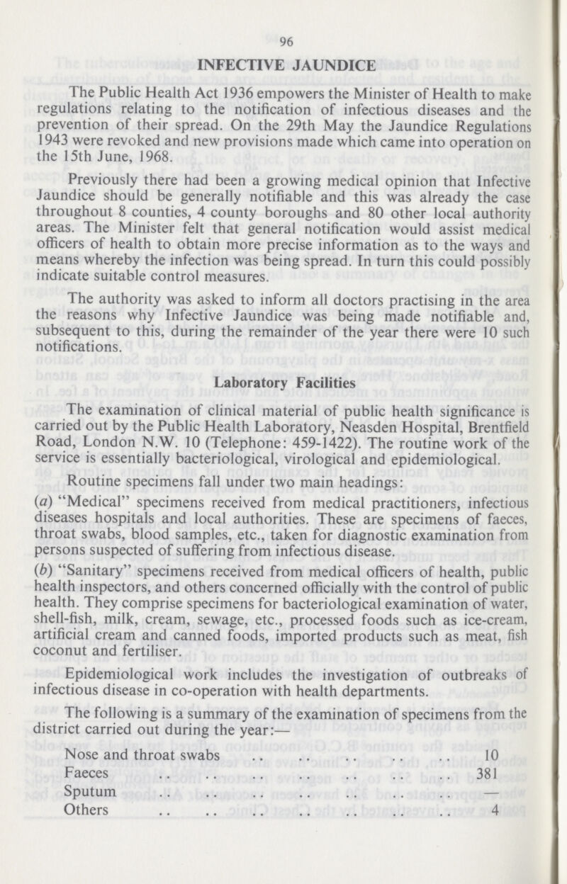 96 INFECTIVE JAUNDICE The Public Health Act 1936 empowers the Minister of Health to make regulations relating to the notification of infectious diseases and the prevention of their spread. On the 29th May the Jaundice Regulations 1943 were revoked and new provisions made which came into operation on the 15th June, 1968. Previously there had been a growing medical opinion that Infective Jaundice should be generally notifiable and this was already the case throughout 8 counties, 4 county boroughs and 80 other local authority areas. The Minister felt that general notification would assist medical officers of health to obtain more precise information as to the ways and means whereby the infection was being spread. In turn this could possibly indicate suitable control measures. The authority was asked to inform all doctors practising in the area the reasons why Infective Jaundice was being made notifiable and, subsequent to this, during the remainder of the year there were 10 such notifications. Laboratory Facilities The examination of clinical material of public health significance is carried out by the Public Health Laboratory, Neasden Hospital, Brentfield Road, London N.W. 10 (Telephone: 459-1422). The routine work of the service is essentially bacteriological, virological and epidemiological. Routine specimens fall under two main headings: (a) Medical specimens received from medical practitioners, infectious diseases hospitals and local authorities. These are specimens of faeces, throat swabs, blood samples, etc., taken for diagnostic examination from persons suspected of suffering from infectious disease. (b) Sanitary specimens received from medical officers of health, public health inspectors, and others concerned officially with the control of public health. They comprise specimens for bacteriological examination of water, shell-fish, milk, cream, sewage, etc., processed foods such as ice-cream, artificial cream and canned foods, imported products such as meat, fish coconut and fertiliser. Epidemiological work includes the investigation of outbreaks of infectious disease in co-operation with health departments. The following is a summary of the examination of specimens from the district carried out during the year:— Nose and throat swabs 10 Faeces 381 Sputum — Others 4