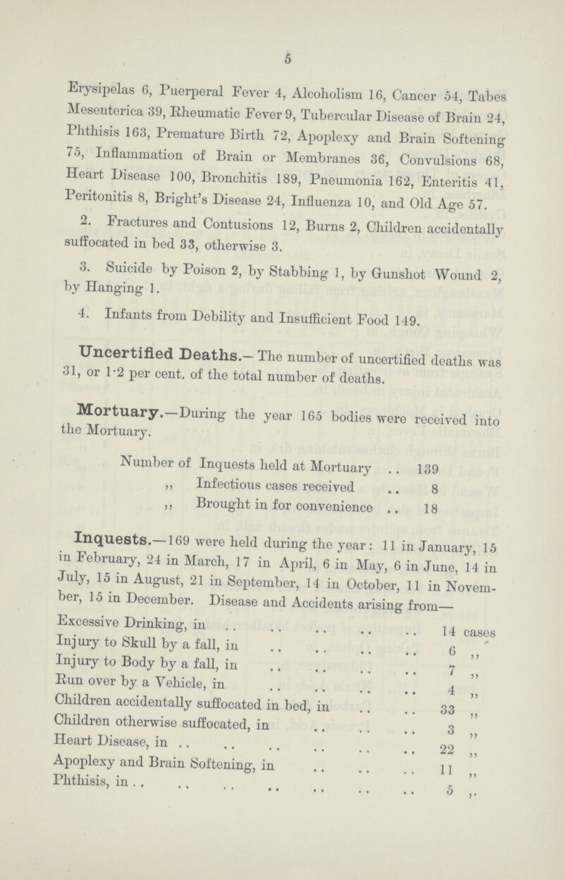 5 Erysipelas 6, Puerperal Fever 4, Alcoholism 16, Cancer 54, Tabes Mesenterica 39, Rheumatic Fever 9, Tubercular Disease of Brain 24, Phthisis 163, Premature Birth 72, Apoplexy and Brain Softening 75, Inflammation of Brain or Membranes 36, Convulsions 68, Heart Disease 100, Bronchitis 189, Pneumonia 162, Enteritis 41, Peritonitis 8, Bright's Disease 24, Influenza 10, and Old Age 57. 2. Fractures and Contusions 12, Burns 2, Children accidentally suffocated in bed 33, otherwise 3. 3. Suicide by Poison 2, by Stabbing 1, by Gunshot Wound 2, by Hanging 1. 4. Infants from Debility and Insufficient Food 149. Uncertified Deaths.— The number of uncertified deaths was 31, or 1.2 per cent. of the total number of deaths. Mortuary.— During the year 165 bodies were received into the Mortuary. Number of Inquests held at Mortuary 139 ,, Infectious cases received 8 ,, Brought in for convenience 18 Inquests.—169 were held during the year: 11 in January, 15 in February, 24 in March, 17 in April, 6 in May, 6 in June, 14 in July, 15 in August, 21 in September, 14 in October, 11 in Novem ber, 15 in December. Disease and Accidents arising from— Excessive Drinking, in 14 cases Inj ury to Skull by a fall, in 6 ,, Injury to Body by a fall, in 7 „ Run over by a Vehicle, in 4 ,, Children accidentally suffocated in bed, in 33 ,, Children otherwise suffocated, in 3 ,, Heart Disease, in 22 ,, Apoplexy and Brain Softening, in 11 ,, Phthisis, in 5 ”