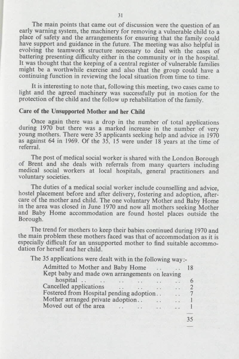 31 The main points that came out of discussion were the question of an early warning system, the machinery for removing a vulnerable child to a place of safety and the arrangements for ensuring that the family could have support and guidance in the future. The meeting was also helpful in evolving the teamwork structure necessary to deal with the cases of battering presenting difficulty either in the community or in the hospital. It was thought that the keeping of a central register of vulnerable families might be a worthwhile exercise and also that the group could have a continuing function in reviewing the local situation from time to time. It is interesting to note that, following this meeting, two cases came to light and the agreed machinery was successfully put in motion for the protection of the child and the follow up rehabilitation of the family. Care of the Unsupported Mother and her Child Once again there was a drop in the number of total applications during 1970 but there was a marked increase in the number of very young mothers. There were 35 applicants seeking help and advice in 1970 as against 64 in 1969. Of the 35, 15 were under 18 years at the time of referral. The post of medical social worker is shared with the London Borough of Brent and she deals with referrals from many quarters including medical social workers at local hospitals, general practitioners and voluntary societies. The duties of a medical social worker include counselling and advice, hostel placement before and after delivery, fostering and adoption, after care of the mother and child. The one voluntary Mother and Baby Home in the area was closed in June 1970 and now all mothers seeking Mother and Baby Home accommodation are found hostel places outside the Borough. The trend for mothers to keep their babies continued during 1970 and the main problem these mothers faced was that of accommodation as it is especially difficult for an unsupported mother to find suitable accommo dation for herself and her child. The 35 applications were dealt with in the following way Admitted to Mother and Baby Home 18 Kept baby and made own arrangements on leaving hospital 6 Cancelled applications 2 Fostered from Hospital pending adoption 7 Mother arranged private adoption 1 Moved out of the area 1 35