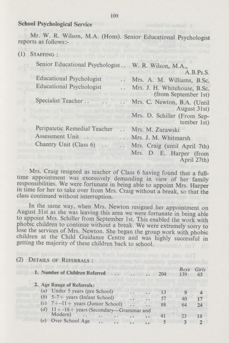 109 School Psychological Service Mr. W. R. Wilson, M.A. (Hons). Senior Educational Psychologist reports as follows (1) Staffing: Senior Educational Psychologist.. W. R. Wilson, M.A., A.B.Ps.S. Educational Psychologist Mrs. A. M. Williams, B.Sc. Educational Psychologist Mrs. J. H. Whitehouse, B.Sc. (from September 1st) Specialist Teacher Mrs. C. Newton, B.A. (Until August 31st) Mrs. D. Schiller (From Sep tember 1st) Peripatetic Remedial Teacher Mrs. M. Zurawski Assessment Unit Mrs. J. M. Whitmarsh Chantry Unit (Class 6) Mrs. Craig (until April 7th) Mrs. D. E. Harper (from April 27th) Mrs. Craig resigned as teacher of Class 6 having found that a full time appointment was excessively demanding in view of her family responsibilities. We were fortunate in being able to appoint Mrs. Harper in time for her to take over from Mrs. Craig without a break, so that the class continued without interruption. In the same way, when Mrs. Newton resigned her appointment on August 31st as she was leaving this area we were fortunate in being able to appoint Mrs. Schiller from September 1st. This enabled the work with phobic children to continue without a break. We were extremely sorry to lose the services of Mrs. Newton. She began the group work with phobic children at the Child Guidance Centre and was highly successful in getting the majority of these children back to school. (2) Details of Referrals : Boys Girls 1. Number of Children Referred 204 139 65 2. Age Range of Referrals: (a) Under 5 years (pre School) 13 9 4 (6) 5-7+ years (Infant School) 57 40 17 (c) 7+-11 + years (Junior School) 88 64 24 (d) 11 + -16 + years (Secondary—Grammar and Modern) 41 23 18 (e) Over School Age 5 3 2