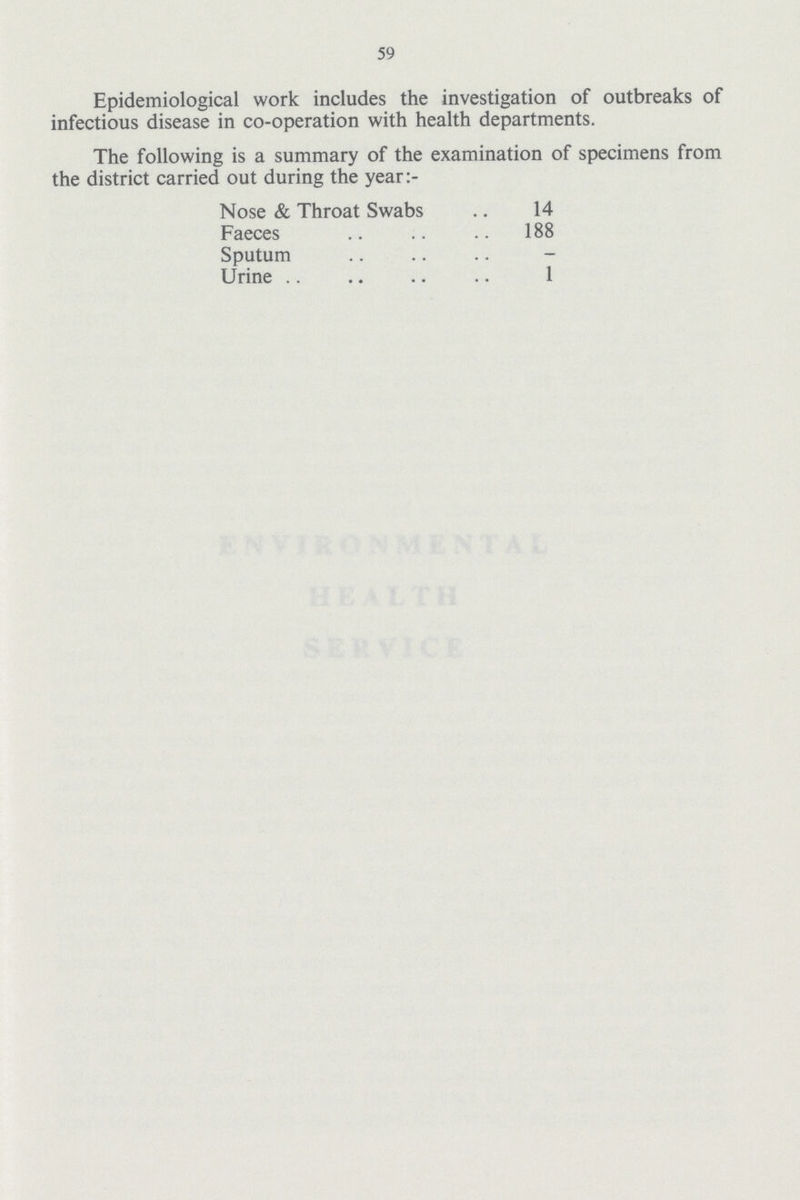 Epidemiological work includes the investigation of outbreaks of infectious disease in co-operation with health departments. The following is a summary of the examination of specimens from the district carried out during the year:- Nose & Throat Swabs 14 Faeces 188 Sputum - Urine 1