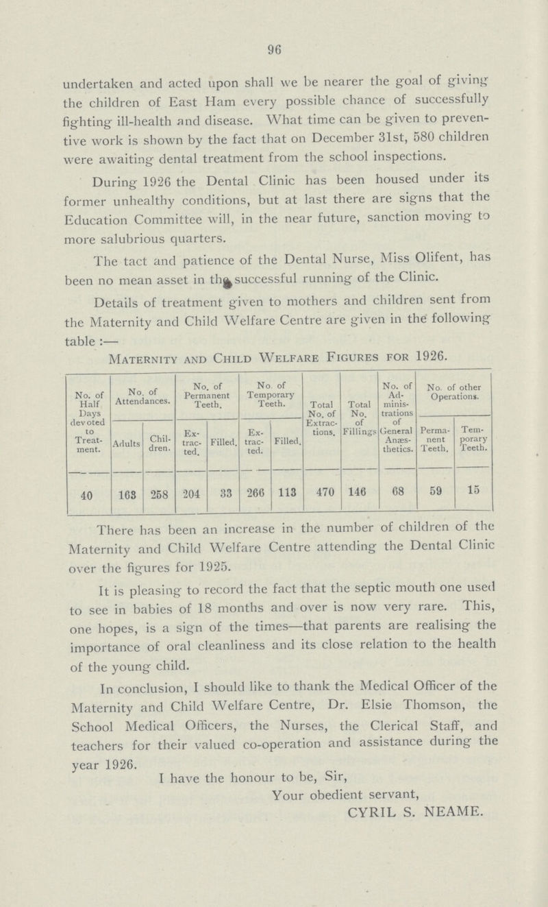 96 undertaken and acted upon shall we be nearer the goal of giving the children of East Ham every possible chance of successfully fighting ill-health and disease. What time can be given to preven tive work is shown by the fact that on December 31st, 580 children were awaiting dental treatment from the school inspections. During 1926 the Dental Clinic has been housed under its former unhealthy conditions, but at last there are signs that the Education Committee will, in the near future, sanction moving to more salubrious quarters. The tact and patience of the Dental Nurse, Miss Olifent, has been no mean asset in the successful running of the Clinic. Details of treatment given to mothers and children sent from the Maternity and Child Welfare Centre are given in the following table:— Maternity and Child Welfare Figures for 1926. No. of Half Days devoted to Treat ment. No. of Attendances. No. of Permanent Teeth. No of Temporary Teeth. Total No. of Extrac tions. Total No. of Fillings No. of Ad minis trations of General Anaes thetics. No. of other Operations. Adults Chil dren. Ex trac ted. Filled. Ex trac ted. Filled. Perma nent Teeth. Tem porary Teeth. 40 163 258 204 33 266 113 470 146 G8 59 15 There has been an increase in the number of children of the Maternity and Child Welfare Centre attending the Dental Clinic over the figures for 1925. It is pleasing to record the fact that the septic mouth one used to see in babies of 18 months and over is now very rare. This, one hopes, is a sign of the times—that parents are realising the importance of oral cleanliness and its close relation to the health of the young child. In conclusion, I should like to thank the Medical Officer of the Maternity and Child Welfare Centre, Dr. Elsie Thomson, the School Medical Officers, the Nurses, the Clerical Staff, and teachers for their valued co-operation and assistance during the year 1926. I have the honour to be, Sir, Your obedient servant, CYRIL S. NEAME.