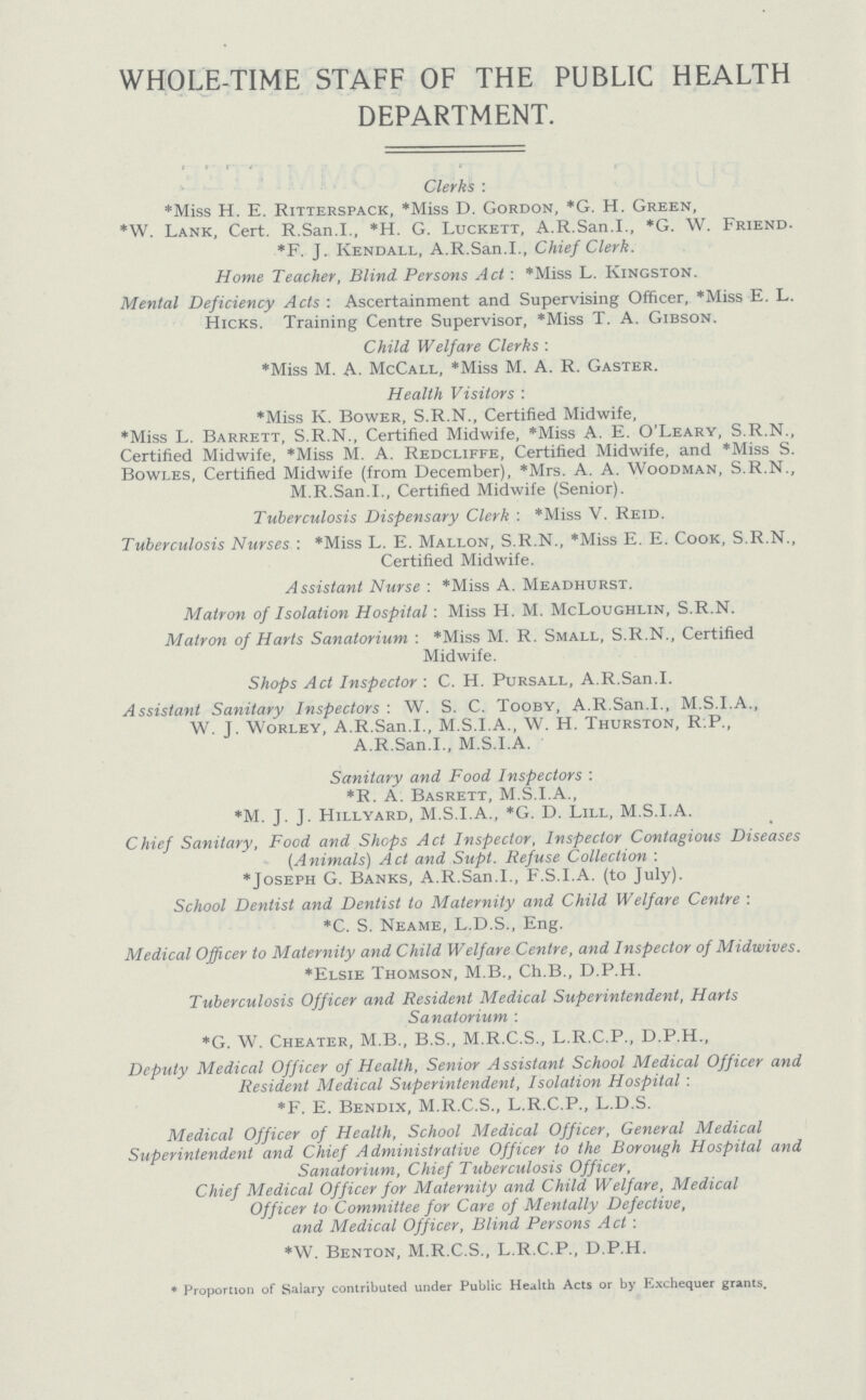 WHOLE-TIME STAFF OF THE PUBLIC HEALTH DEPARTMENT. Clerks : *Miss H. E. Ritterspack, *Miss D. Gordon, *G. H. Green, *W. Lank, Cert. R.San.I., *H. G. Luckett, A.R.San.I., *G. W. Friend. *F. J. Kendall, A.R.San.I., Chief Clerk. Home Teacher, Blind Persons Act : *Miss L. Kingston. Mental Deficiency Acts'. Ascertainment and Supervising Officer, *Miss E. L. Hicks. Training Centre Supervisor, *Miss T. A. Gibson. Child, Welfare Clerks: *Miss M. A. McCall, *Miss M. A. R. Gaster. Health Visitors : *Miss K. Bower, S.R.N., Certified Midwife, *Miss L. Barrett, S.R.N., Certified Midwife, *Miss A. E. O'Leary, S.R.N., Certified Midwife, *Miss M. A. Redcliffe, Certified Midwife, and *Miss S. Bowles, Certified Midwife (from December), *Mrs. A. A. Woodman, S.R.N., M.R.San.I., Certified Midwife (Senior). Tuberculosis Dispensary Clerk : *Miss V. Reid. Tuberculosis Nurses : *Miss L. E. Mallon, S.R.N., *Miss E. E. Cook, S.R.N., Certified Midwife. Assistant Nurse : *Miss A. Meadhurst. Matron of Isolation Hospital : Miss H. M. McLoughlin, S.R.N. Matron of Harts Sanatorium : *Miss M. R. Small, S.R.N., Certified Midwife. Shops Act Inspector : C. H. Pursall, A.R.San.I. Assistant Sanitary Inspectors : W. S. C. Tooby, A.R.San.I., M.S.I.A., W. J. Worley, A.R.San.I., M.S.I A., W. H. Thurston, R:P„ A.R.San.I., M.S.I.A. Sanitary and Food Inspectors : *R. A. Basrett, M.S.I.A., *M. J. J. Hillyard, M.S.I.A., *G. D. Lill, M.S.I.A. Chief Sanitary, Food and Shops Act Inspector, Inspector Contagious Diseases (Animals) Act and Supt. Refuse Collection : *Joseph G. Banks, A.R.San.I., F.S.I.A. (to July). School Dentist and Dentist to Maternity and Child Welfare Centre : *C. S. Neame, L.D.S., Eng. Medical Officer to Maternity and Child Welfare Centre, and Inspector of Midwives. *Elsie Thomson, M.B., Ch.B., D.P.H. Tuberculosis Officer and Resident Medical Superintendent, Harts Sanatorium : *G. W. Cheater, M.B., B.S., M.R.C.S., L.R.C.P., D.P.H., Deputy Medical Officer of Health, Senior Assistant School Medical Officer and Resident Medical Superintendent, Isolation Hospital : *F. E. Bendix, M.R.C.S., L.R.C.P., L.D.S. Medical Officer of Health, School Medical Officer, General Medical Superintendent and Chief Administrative Officer to the Borough Hospital and Sanatorium, Chief Tuberculosis Officer, Chief Medical Officer for Maternity and Child Welfare, Medical Officer to Committee for Care of Mentally Defective, and Medical Officer, Blind Persons Act : *W. Benton, M.R.C.S., L.R.C.P., D.P.H. * Proportion of Salary contributed under Public Health Acts or by Exchequer grants.