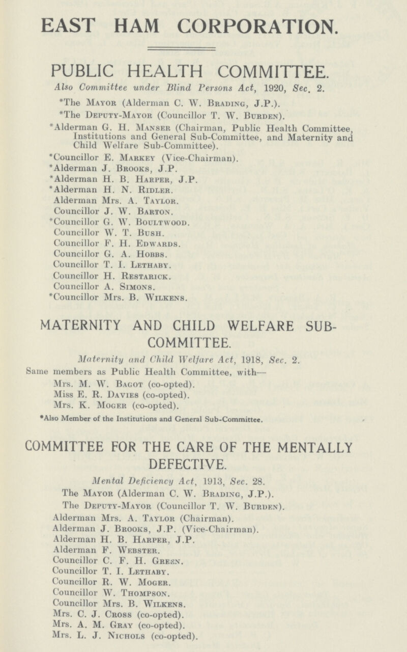 EAST HAM CORPORATION. PUBLIC HEALTH COMMITTEE. Also Committee under Blind, Persons Act, 1920, Sec. 2. *The Mayor (Alderman C. W. Brading, J.P.). *The Deputy-Mayor (Councillor T. W. Burden). Alderman G. H. Manser (Chairman, Public Health Committee, Institutions and General Sub-Committee, and Maternity and Child Welfare Sub-Committee). *Councillor E. Markey (Vice-Chairman). *Alderman J. Brooks, J.P. *Alderman H. B. Harper, J.P. *Alderman H. N. Ridler. Alderman Mrs. A. Taylor. Councillor J. W. Barton. *Councillor G. W. Boultwood. Councillor W. T. Bush. Councillor F. H. Edwards. Councillor G. A. Hobbs. Councillor T. I. Lethaby. Councillor H. Restarick. Councillor A. Simons. *Councillor Mrs. B. Wilkens. MATERNITY AND CHILD WELFARE SUB COMMITTEE. Maternity and Child Welfare Act, 1918, Sec. 2. Same members as Public Health Committee, with— Mrs. M. W. Bacot (co-opted). Miss E. R. Da vies (co-opted). Mrs. K. Moger (co-opted). *Also Member of the Institutions and General Sub-Committee. COMMITTEE FOR THE CARE OF THE MENTALLY DEFECTIVE. Mental Deficiency Act, 1913, Sec. 28. The Mayor (Alderman C. W. Brading, J.P.). The Deputy-Mayor (Councillor T. W. Burden). Alderman Mrs. A. Taylor (Chairman). Alderman J. Brooks, J.P. (Vice-Chairman). Alderman H. B. Harper, J.P. Alderman F. Webster. Councillor C. F. H. Gresn. Councillor T. I. Lethaby. Councillor R. W. Moger. Councillor W. Thompson. Councillor Mrs. B. Wilkens. Mrs. C. J. Cross (co-opted). Mrs. A. M. Gray (co-opted). Mrs. L. J. Nichols (co-opted).