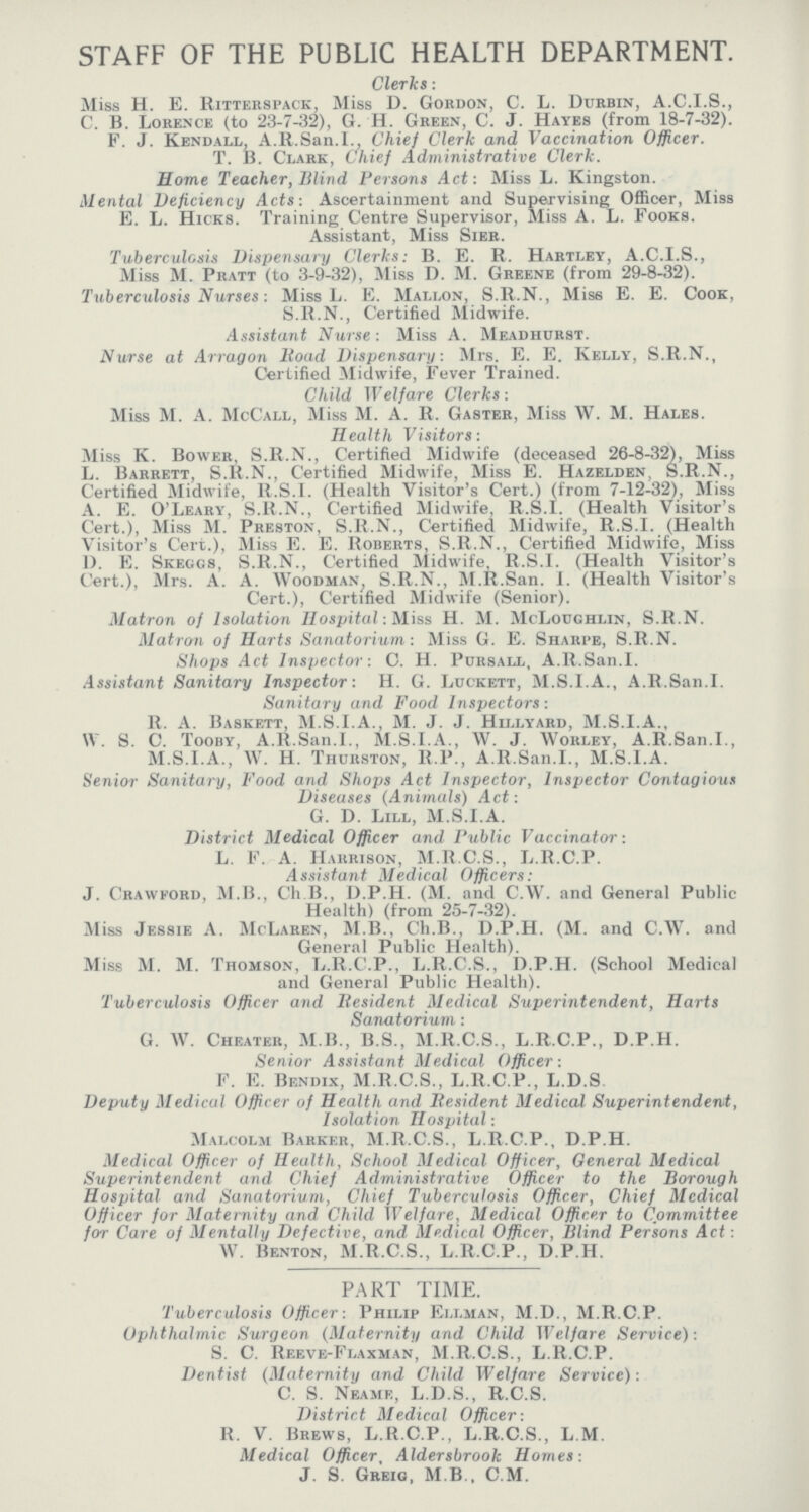 STAFF OF THE PUBLIC HEALTH DEPARTMENT. Clerks: Miss H. E. Ritterspack, Miss D. Gordon, C. L. Durbin, A.C.I.S., C. B. Lorence (to 23-7-32), G. H. Green, C. J. Hayes (from 18-7-32). F. J. Kendall, A.R.San.1., Chief Clerk and Vaccination Officer. T. B. Clark, Chief Administrative Clerk. Home Teacher, Blind Persons Act : Miss L. Kingston. Mental Deficiency Acts: Ascertainment and Supervising Officer, Miss E. L. Hicks. Training Centre Supervisor, Miss A. L. Fooks. Assistant, Miss Sier. Tuberculosis Dispensary Clerks: B. E. R. Hartley, A.C.I.S., Miss M. Pratt (to 3-9-32), Miss D. M. Greene (from 29-8-32). Tuberculosis Nurses: Miss L. E. Mallon, S.K.N., Miss E. E. Cook, S.R.N., Certified Midwife. Assistant Nurse: Miss A. Meadhurst. Nurse at Arragon lload Dispensary: Mrs. E. E. Kelly, S.R.N., Certified Midwife, Fever Trained. Child Welfare Clerks: Miss M. A. McCall, Miss M. A. R. Gaster, Miss W. M. Hales. Kealtli Visitors: Miss K. Bower, S.R.N., Certified Midwife (deceased 26-8-32), Miss L. Barrett, S.R.N., Certified Midwife, Miss E. Hazelden, S.R.N., Certified Midwife, R.S.I. (Health Visitor's Cert.) (from 7-12-32), Miss A. E. O'Leary, S.H.N., Certified Midwife, R.S.I. (Health Visitor's Cert.), Miss M. Preston, S.R.N., Certified Midwife, R.S.I. (Health Visitor's Cert.), Miss E. E. Roberts, S.R.N., Certified Midwife, Miss D. E. Skeggs, S.R.N., Certified Midwife, R.S.I. (Health Visitor's Cert.), Mrs. A. A. Woodman, S.R.N., M.R.San. I. (Health Visitor's Cert.), Certified Midwife (Senior). Matron of Isolation Hospital: Miss H. M. McLoughlin, S.R.N. Matron of Harts Sanatorium: Miss G. E. Sharpe, S.R.N. Shops Act Inspector: C. H. Pursall, A.R.San.I. Assistant Sanitary Inspector: H. G. Luckett, M.S.I.A., A.R.San.I. Sanitary and Food Inspectors: R. A. Baskett, M.S.I.A., M. J. J. Hillyard, M.S.I.A., \V. S. C. Tooby, A.R.San.I., M.S.I.A., W. J. Worley, A.R.San.I., M.S.I.A., W. H. Thurston, R.P., A.R.San.I., M.S.I.A. Senior Sanitary, Food and Shops Act Inspector, Inspector Contagious Diseases (Animals) Act: G. D. Lill, M.S.I.A. District Medical Officer and Fublic Vaccinator: L. F. A. Harrison, M.R.C.S., L.R.C.P. Assistant Medical Officers: J. Crawford, M.B., Ch B., D.P.H. (M. and C.W. and General Public Health) (from 25-7-32). Miss Jessie A. McLaren, M.B., Ch.B., D.P.H. (M. and C.W. and General Public Health). Miss M. M. Thomson, L.R.C.P., L.R.C.S., D.P.H. (School Medical and General Public Health). Tuberculosis Officer and Resident Medical Superintendent, Harts Sanatorium: G. W. Cheater, M B., B.S., M.R.C.S., L.R.C.P., D.P.H. Senior Assistant Medical Officer: F. E. Bendix, M.R.C.S., L.R.C.P., L.D.S Deputy Medical Officer of Health and Resident Medical Superintendent, Isolation Hospital: Malcolm Barker, M.R.C.S., L.R.C.P., D.P.H. Medical Officer of Health, School Medical Officer, General Medical Superintendent and Chief Administrative Officer to the Borough Hospital and Sanatorium, Chief Tuberculosis Officer, Chief Medical Officer for Maternity and Child Welfare, Medical Officer to Committee for Care of Mentally Defective, and Medical Officer, Blind Persons Act : W. Benton, M.R.C.S., L.R.C.P., D.P.H. PART TIME. Tuberculosis Officer: Philip Ellman, M.D., M.R.C.P. Ophthalmic Surgeon (Maternity and Child Welfare Service): S. C. Reeve-Flaxman, M.R.C.S., L.R.C.P. Dentist (Maternity and Child Welfare Service): C. S. Neame, L.D.S., R.C.S. District Medical Officer: R. V. Brews, L.R.C.P., L.R.C.S., L.M. Medical Officer, Aldersbrook Homes: J. S. Greig, M B., CM.