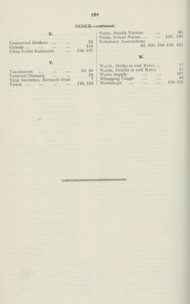 188 INDEX—continued.. U. Unmarried Mothers 23 Urinals 116 Ultra-Violet Radiation 154-157 V. Vaccination 45, 46 Venereal Diseases 33 Vital Statistics, Extracts from 7 Vision 146, 152 Visits, Health Visitors 95 Visits, School Nurses 143, 150 Voluntary Associations 43, 100, 158-159, 161 W. Wards, Births in and Rates 17 Wards, Deaths in and Rates 21 Water Supply 107 Whooping Cough 86 Workshops 124—125