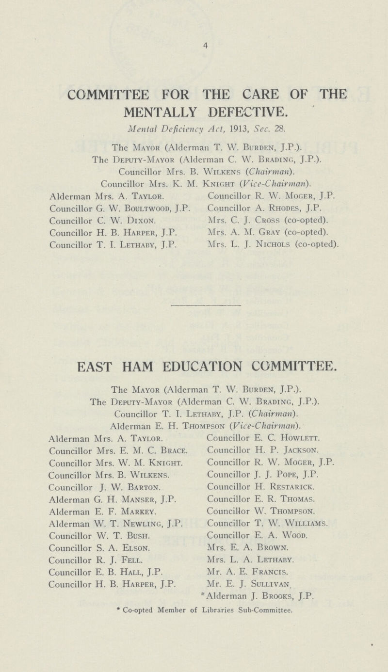 4 COMMITTEE FOR THE CARE OF THE MENTALLY DEFECTIVE. Menial Deficiency Act, 1913, Sec. 28. The Mayor (Alderman T. W. Burden, J.P.). The Deputy-Mayor (Alderman C. W. Brading, J.P.). Councillor Mrs. B. Wilkens {Chairman). Councillor Mrs. K. M. Knight (Vice-Chairman). Alderman Mrs. A. Taylor. Councillor R. W. Moger, J.P. Councillor G. W. Boultwood, J.P. Councillor A. Rhodes, J.P. Councillor C. W. Dixon. Mrs. C. J. Cross (co-opted). Councillor H. B. Harper, J.P. Airs. A. M. Gray (co-opted). Councillor T. I. Lethaby, J.P. Mrs. L. J. Nichols (co-opted). EAST HAM EDUCATION COMMITTEE. The Mayor (Alderman T. W. Burden, J.P.). The Deputy-Mayor (Alderman C. W. Brading, J.P.). Councillor T. I. Lethaby, J.P. (Chairman). Alderman E. H. Thompson (Vice-Chairman). Alderman Mrs. A. Taylor. Councillor Mrs. E. M. C. Brace. Councillor Mrs. W. M. Knight. Councillor Mrs. B. Wilkens. Councillor J. W. Barton. Alderman G. H. Manser, J.P. Alderman E. F. Markey. Alderman W. T. Newling, J.P. Councillor W. T. Bush. Councillor S. A. Elson. Councillor R. J. Fell. Councillor E. B. Hall, J.P. Councillor H. B. Harper, J.P. Councillor E. C. Howlett. Councillor H. P. Jackson. Councillor R. W. Moger, J.P. Councillor J. J. Pope, J.P. Councillor H. Restarick. Councillor E. R. Thomas. Councillor W. Thompson. Councillor T. W. Williams. Councillor E. A. Wood. Mrs. E. A. Brown. Mrs. L. A. Lethaby. Mr. A. E. Francis. Mr. E. J. Sullivan. *Alderman J. Brooks, J.P. *Co-opted Member of Libraries Sub-Committee.