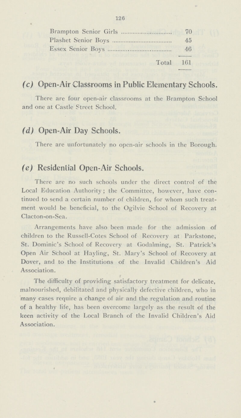 126 Brampton Senior Girls 70 Plashet Senior Boys 45 Essex Senior Boys 46 Total 161 (c) Open- Air Classrooms in Public Elementary Schools. There are four open-air classrooms at the Brampton School and one at Castle Street School. (d) Open- Air Day Schools. There are unfortunately no open-air schools in the Borough. (e) Residential Open- Air Schools. There are no such schools under the direct control of the Local Education Authority; the Committee, however, have con tinued to send a certain number of children, for whom such treat ment would be beneficial, to the Ogilvie School of Recovery at Clacton-on-Sea. Arrangements have also been made for the admission of children to the Russell-Cotes School of Recovery at Parkstone, St. Dominic's School of Recovery at Godalming, St. Patrick's Open Air School at Hayling, St. Mary's School of Recovery at Dover, and to the Institutions of the Invalid Children's Aid Association. The difficulty of providing satisfactory treatment for delicate, malnourished, debilitated and physically defective children, who in many cases require a change of air and the regulation and routine of a healthy life, has been overcome largely as the result of the keen activity of the Local Branch of the Invalid Children's Aid Association.