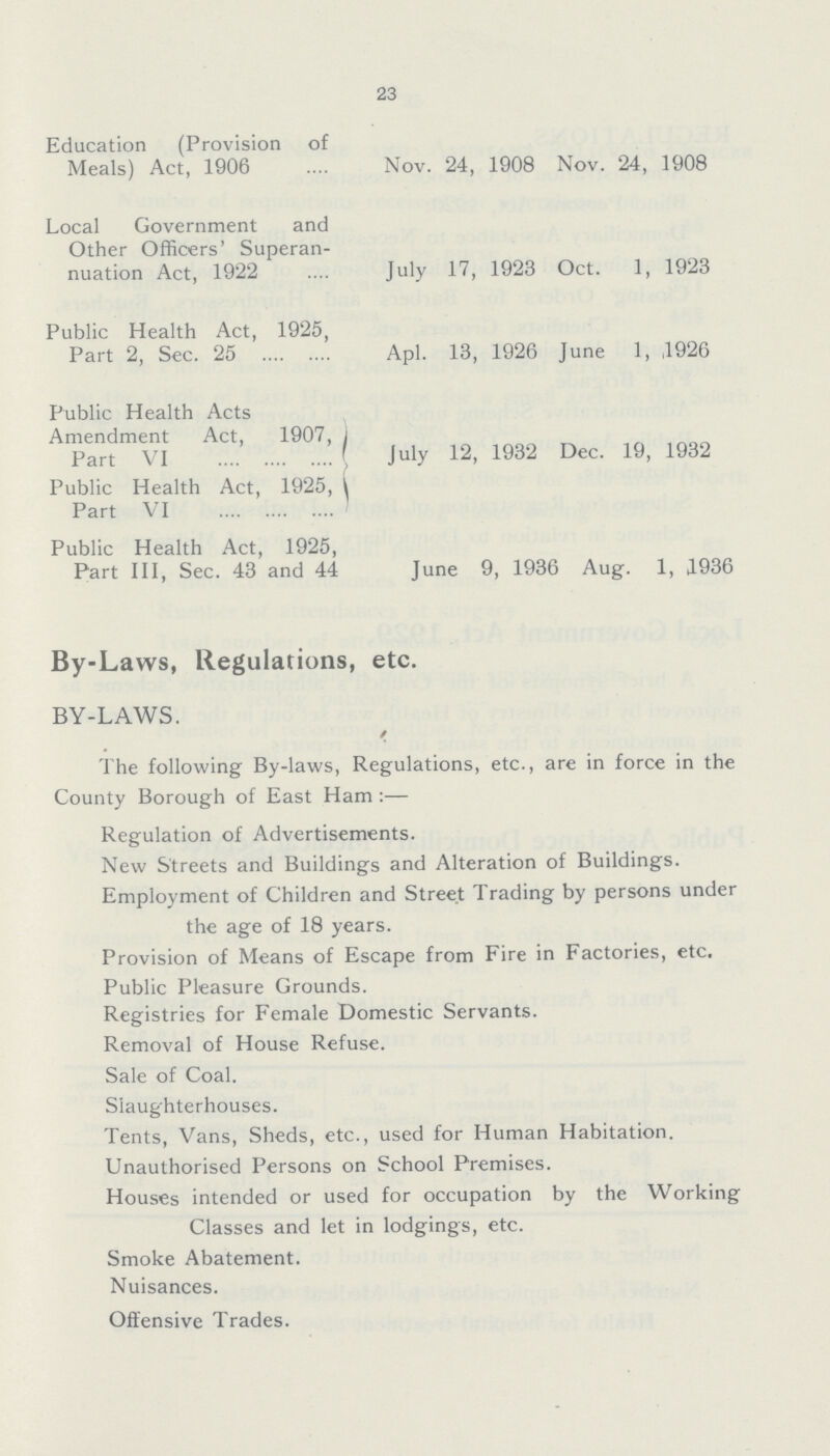 23 Education (Provision of Meals) Act, 1906 Nov. 24, 1908 Nov. 24, 1908 Local Government and Other Officers' Superan nuation Act, 1922 July 17, 1923 Oct. 1, 1923 Public Health Act, 1925, Part 2, Sec. 25 Apl. 13, 1926 June 1, ,1926 Public Health Acts Amendment Act, 1907, Part VI Public Health Act, 1925, Part VI July 12, 1932 Dec. 19, 1932 Public Health Act, 1925, Part III, Sec. 43 and 44 June 9, 1936 Aug. 1, 1936 By-Laws, Regulations, etc. BY-LAWS. The following By-laws, Regulations, etc., are in force in the County Borough of East Ham:— Regulation of Advertisements. New Streets and Buildings and Alteration of Buildings. Employment of Children and Street Trading by persons under the age of 18 years. Provision of Means of Escape from Fire in Factories, etc. Public Pleasure Grounds. Registries for Female Domestic Servants. Removal of House Refuse. Sale of Coal. Slaughterhouses. Tents, Vans, Sheds, etc., used for Human Habitation. Unauthorised Persons on School Premises. Houses intended or used for occupation by the Working Classes and let in lodgings, etc. Smoke Abatement. Nuisances. Offensive Trades.