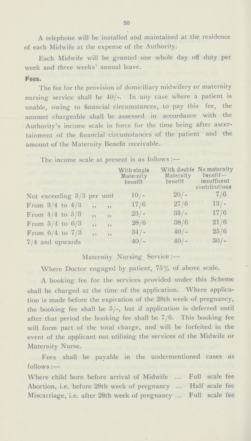 50 A telephone will be installed and maintained at the residence of each Midwife at the expense of the Authority. Each Midwife will be granted one whole day off duty per week and three weeks' annual leave. Fees. The fee for the provision of domiciliary midwifery or maternity nursing service shall be 40/-. In any case where a patient is unable, owing to financial circumstances, to pay this fee, the amount chargeable shall be assessed in accordance with the Authority's income scale in force for the time being after ascer tainment of the financial circumstances of the patient and the amount of the Maternity Benefit receivable. The income scale at present is as follows:— With single Maternity benefit With double Maternity benefit No maternity benefit— insufficent contributions Not exceeding 3/3 per unit 10/- 20/- 7/6 From 3/4 to 4/3 ,, ,, 17/6 27/6 13/- From 4/4 to 5/3 ,, ,, 23/- 33/- 17/6 From 5/4 to 6/3 ,, ,, 28/6 38/6 21/6 From 6/4 to 7/3 ,, ,, 34/- 40/- 25/6 7/4 and upwards 40/- 40/- 30/- Maternity Nursing Service:— Where Doctor engaged by patient, 75% of above scale. A booking fee for the services provided under this Scheme shall be charged at the time of the application. Where applica tion is made before the expiration of the 28th week of pregnancy, the booking fee shall be 5/-, but if application is deferred until after that period the booking fee shall be 7/6. This booking fee will form part of the total charge, and will be forfeited in the event of the applicant not utilising the services of the Midwife or Maternity Nurse. Fees shall be payable in the undermentioned cases as follows :— Where child born before arrival of Midwife Full scale fee Abortion, i.e. before 28th week of pregnancy Half scale fee Miscarriage, i.e. after 28th week of pregnancy Full scale fee