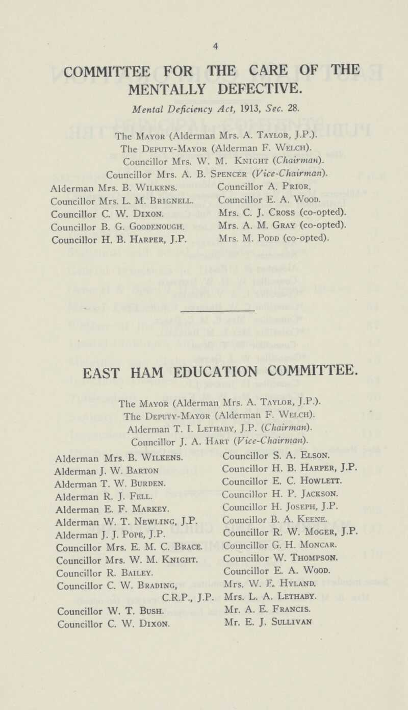 4 COMMITTEE FOR THE CARE OF THE MENTALLY DEFECTIVE. Mental Deficiency Act, 1913, Sec. 28. The Mayor (Alderman Mrs. A. Taylor, J.P.). The Deputy-Mayor (Alderman F. Welch). Councillor Mrs. W. M. Knight (Chairman). Councillor Mrs. A. B. Spencer (Vice-Chairman). Alderman Mrs. B. Wilkens. Councillor A. Prior. Councillor Mrs. L. M. Brignell. Councillor E. A. Wood. Councillor C. W. Dixon. Mrs. C. J. Cross (co-opted). Councillor B. G. Goodenough. Mrs. A. M. Gray (co-opted). Councillor H. B. Harper, J.P. Mrs. M. Podd (co-opted). EAST HAM EDUCATION COMMITTEE. The Mayor (Alderman Mrs. A. Taylor, J.P.). The Deputy-Mayor (Alderman F. Welch). Alderman T. I. Lethaby, J.P. (Chairman). Councillor J. A. Hart (Vice-Chairman). Alderman Mrs. B. Wilkens. Councillor S. A. Elson. Alderman J. W. Barton Councillor H. B. Harper, J.P. Alderman T. W. Burden. Councillor E. C. Howlett. Alderman R. J. Fell. Councillor H. P. Jackson. Alderman E. F. Markey. Councillor H. Joseph, J.P. Alderman W. T. Newling, J.P. Councillor B. A. Keene. Alderman J. J. Pope, J.P. Councillor R. W. Moger, J.P. Councillor Mrs. E. M. C. Brace. Councillor G. H. Moncar. Councillor Mrs. W. M. Knight. Councillor W. Thompson. Councillor R. Bailey. Councillor E. A. Wood. Councillor C. W. Brading, Mrs. W. F„ Hyland. C.R.P., J.P. Mrs. L. A. Lethaby. Councillor W. T. Bush. Mr. A. E. Francis. Councillor C. W. Dixon. Mr. E. J. Sullivan